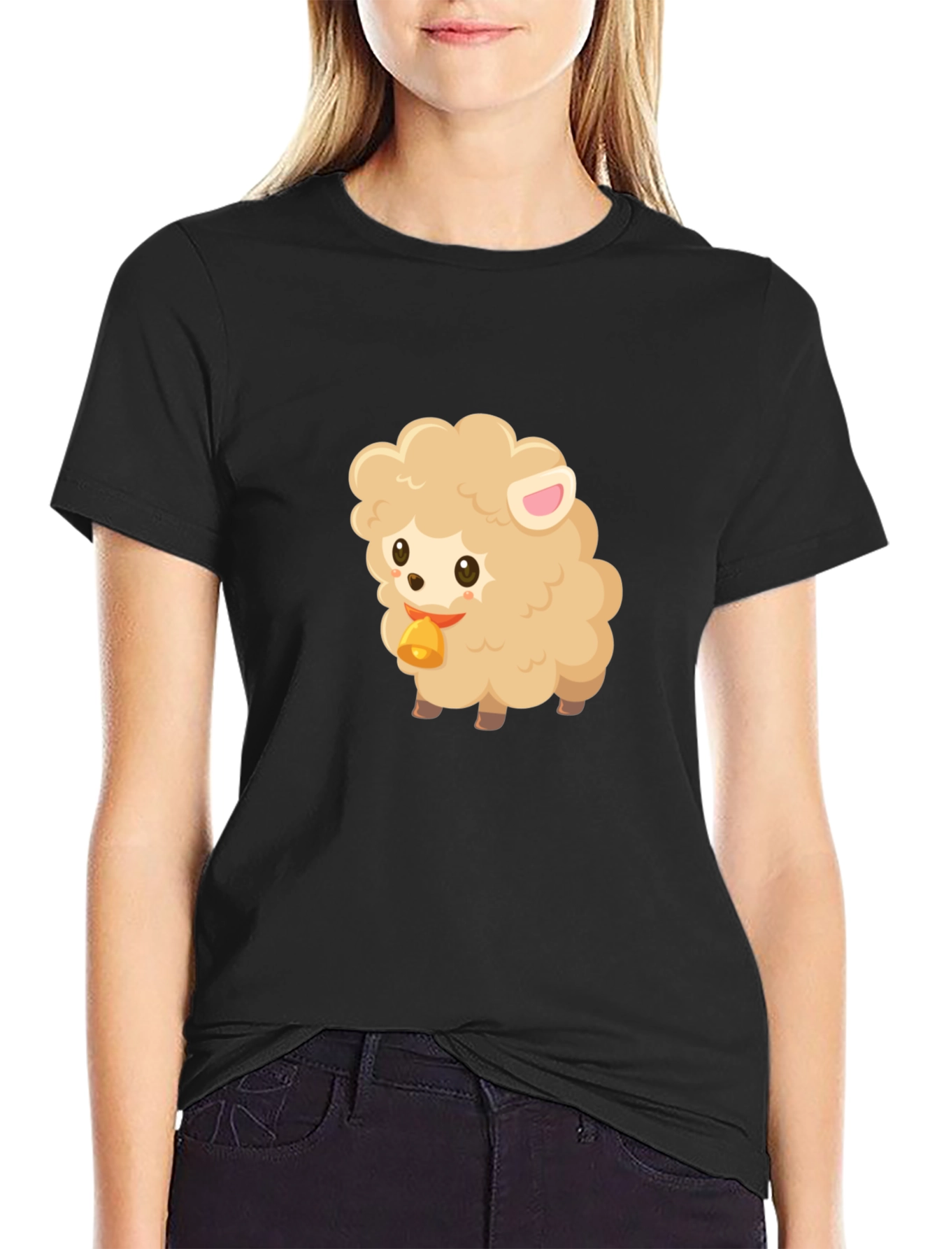 Cute Sheep Graphic Tee - Black Cotton Blend