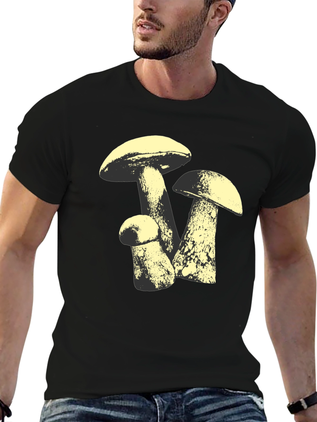 Mushroom Graphic Tee - Black Cotton T-Shirt