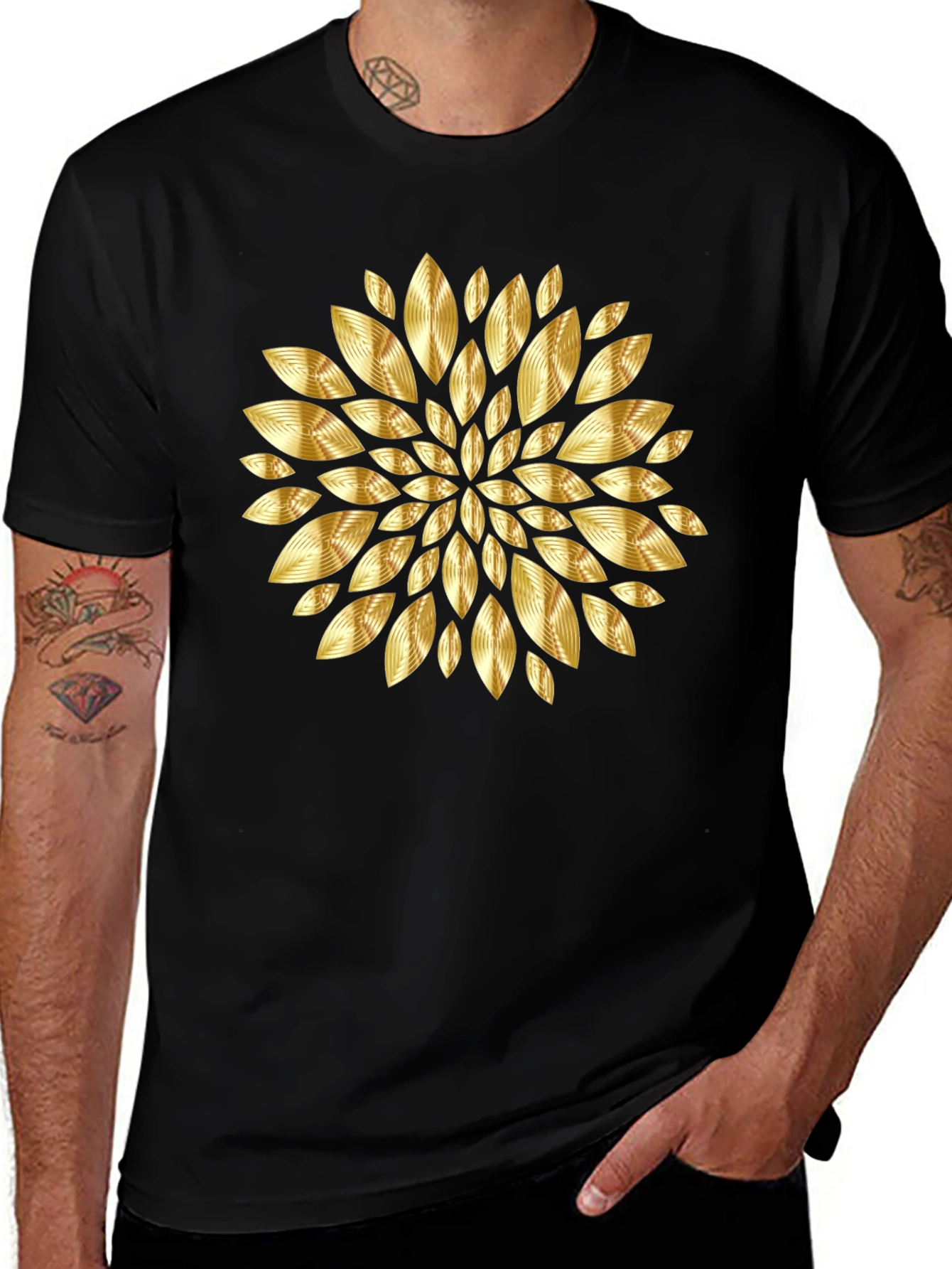 Gold Floral Pattern Black T-Shirt