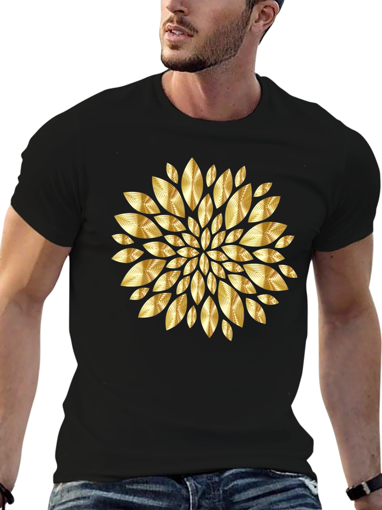Gold Floral Pattern Black T-Shirt