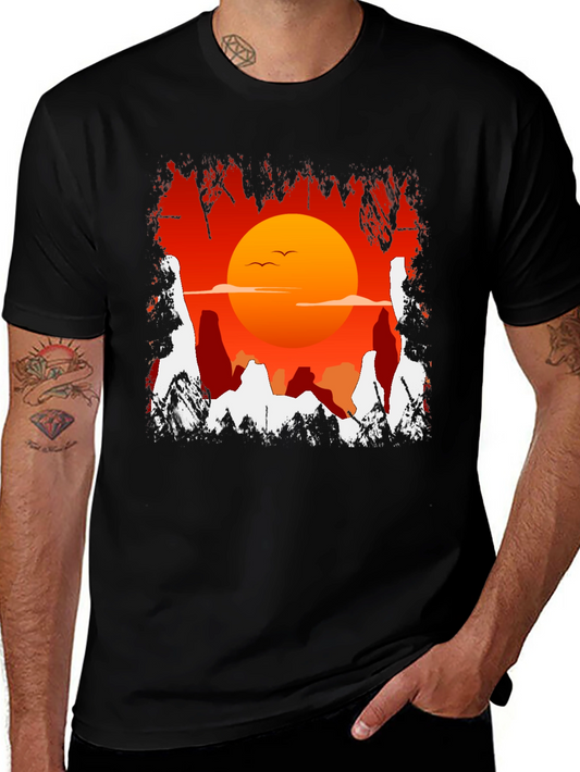 Sunset Mountain Graphic Tee - Soft Black Cotton Casual Shirt