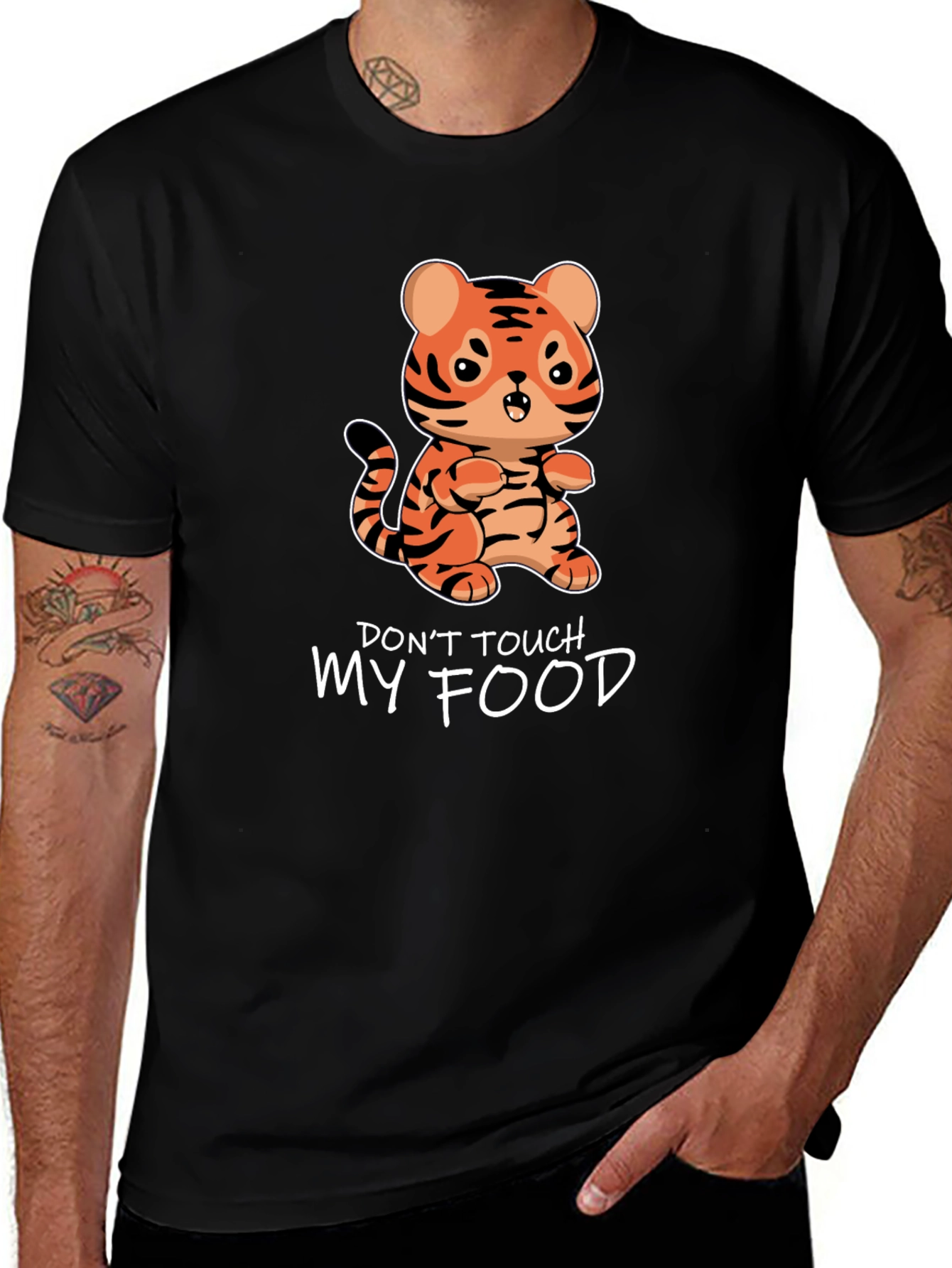 Cute Tiger Dont Touch My Food Black T-Shirt