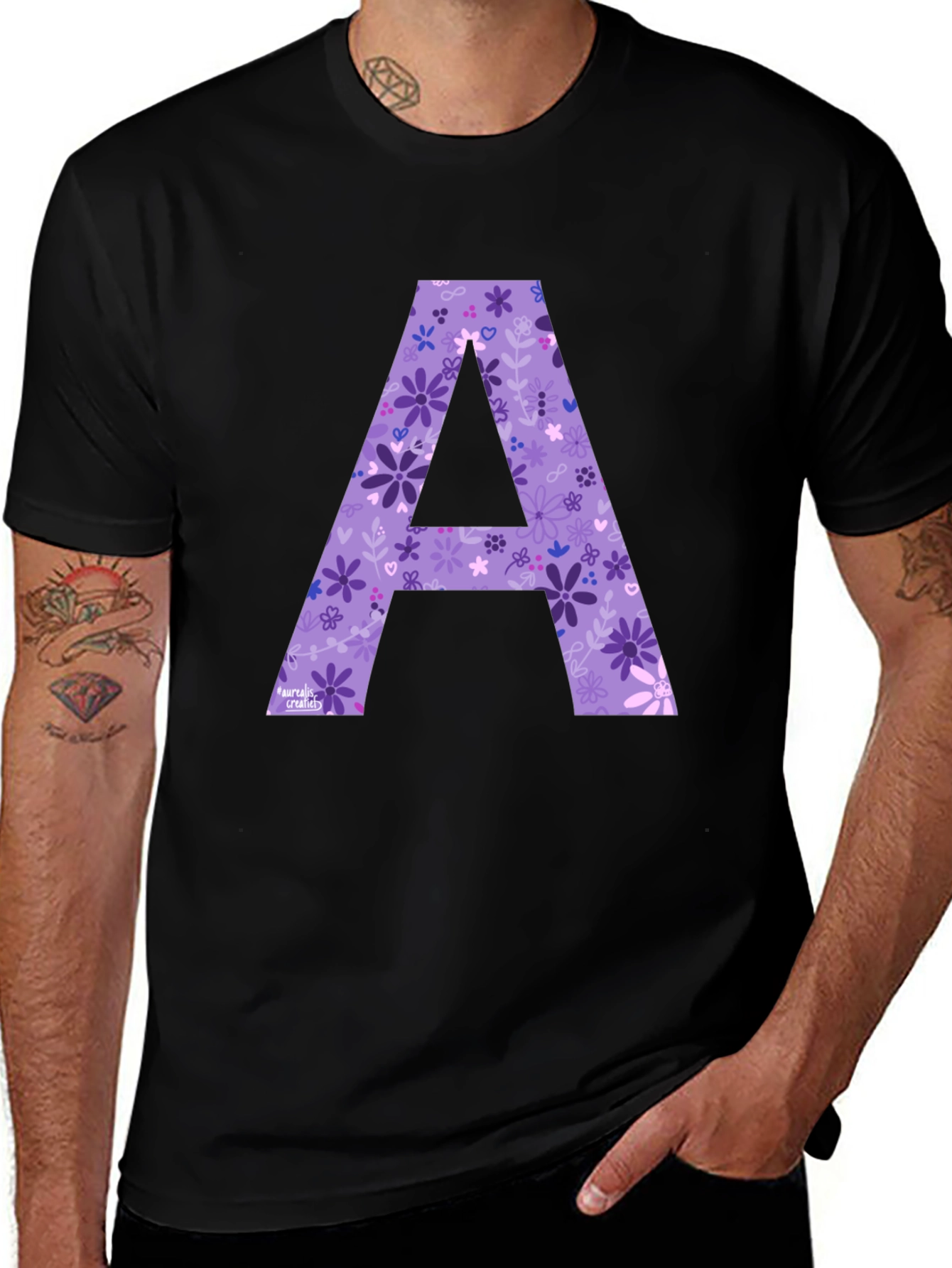 Floral Letter A Black T-Shirt
