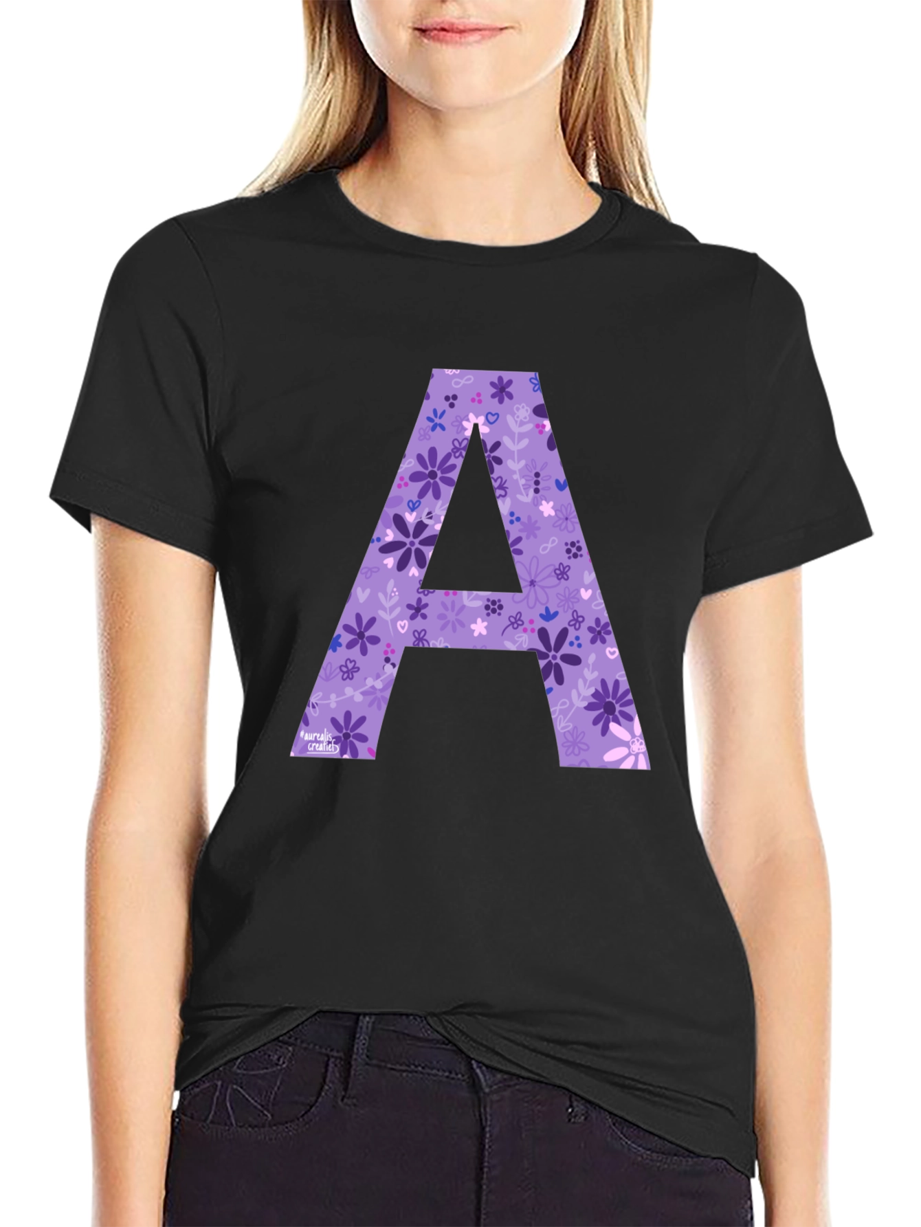 Floral Letter A Black T-Shirt