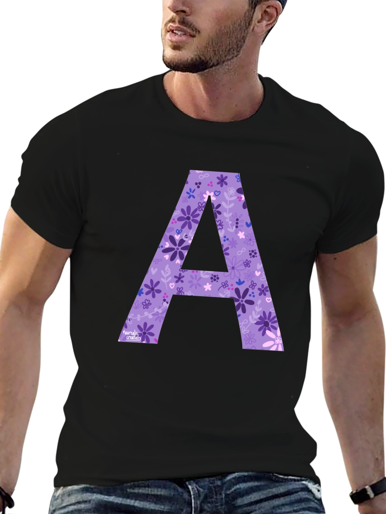 Floral Letter A Black T-Shirt
