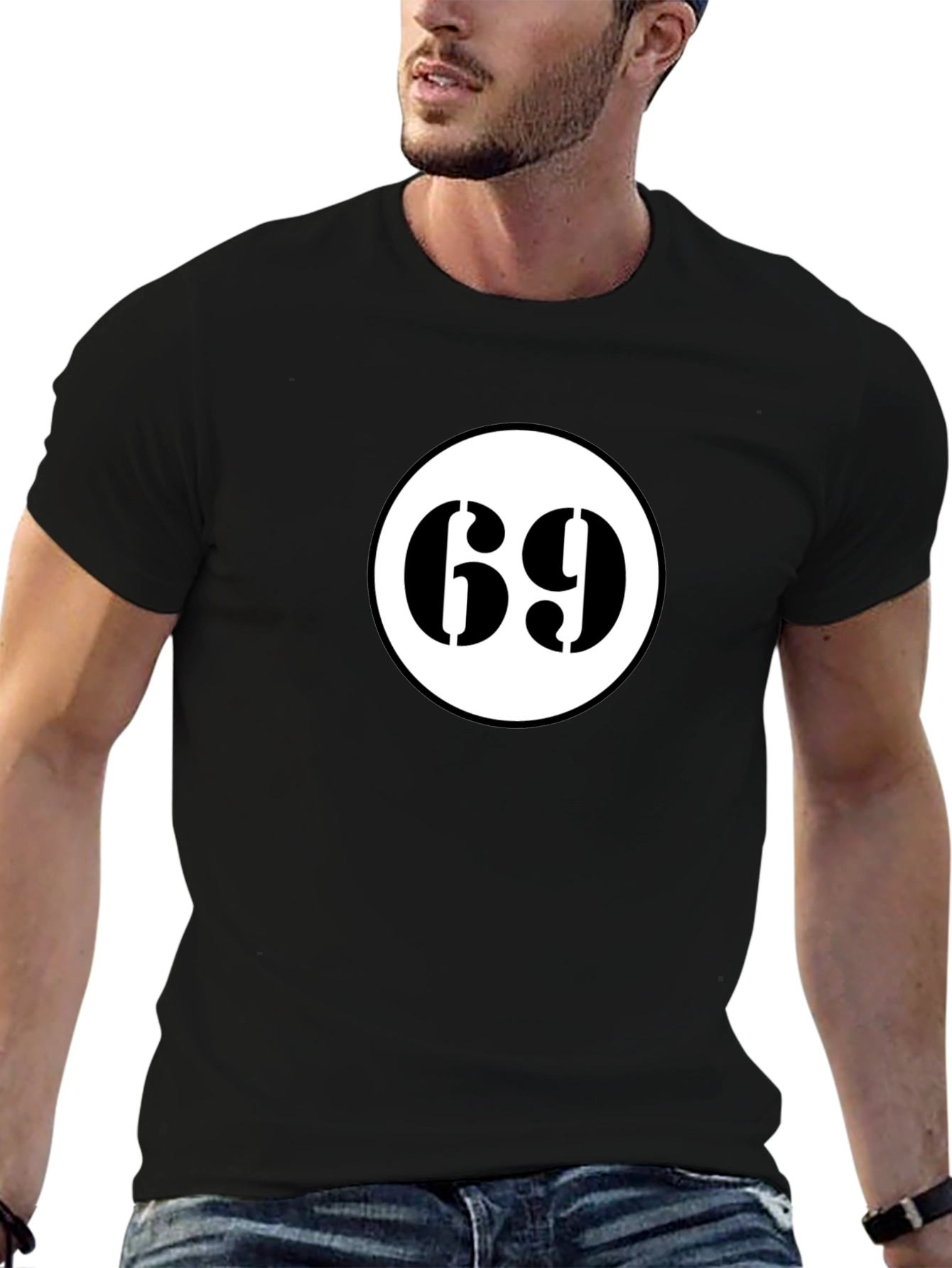 Mens Black T-Shirt with Number 69 Design