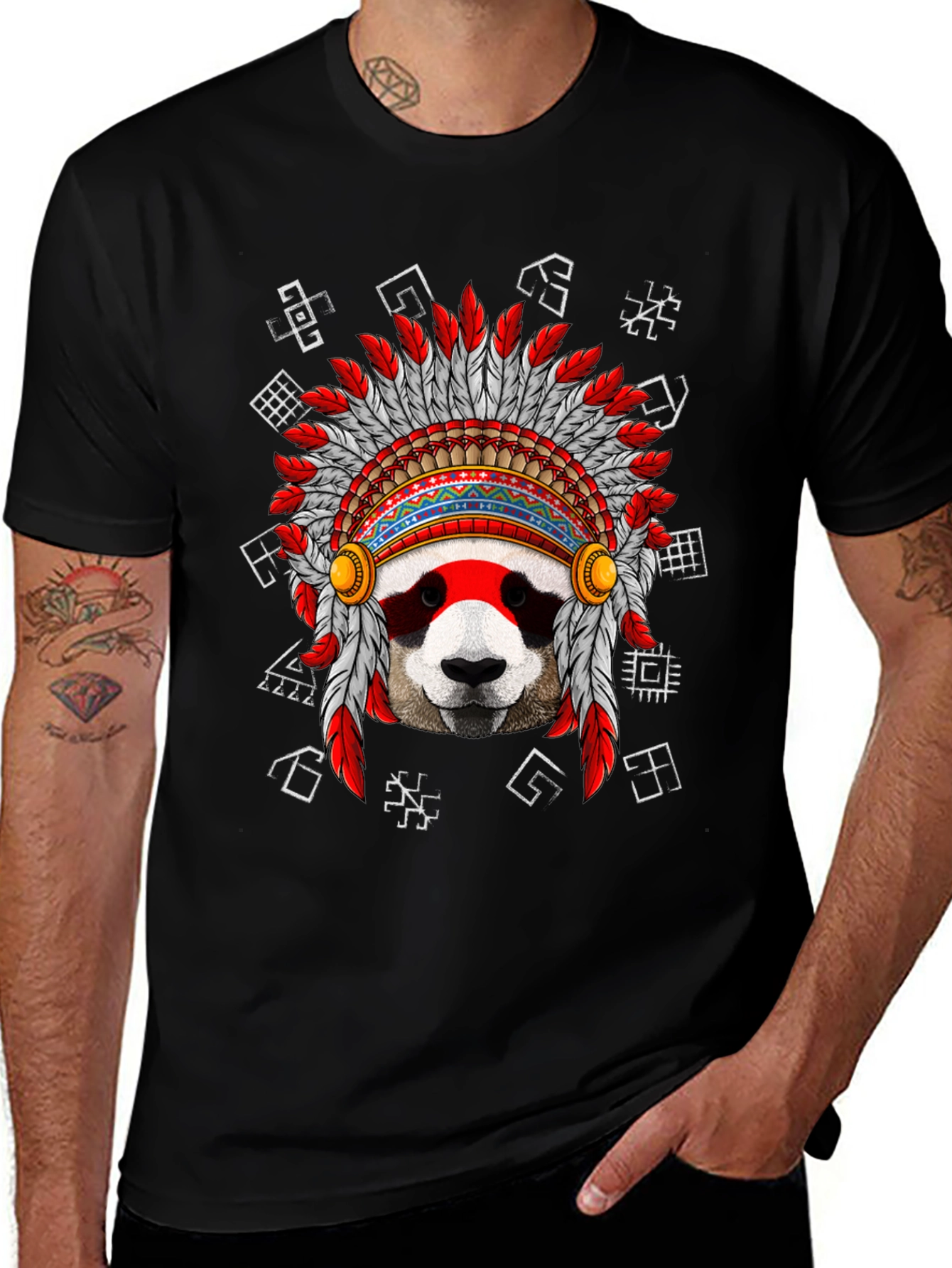 Panda Indian Headdress Graphic T-Shirt