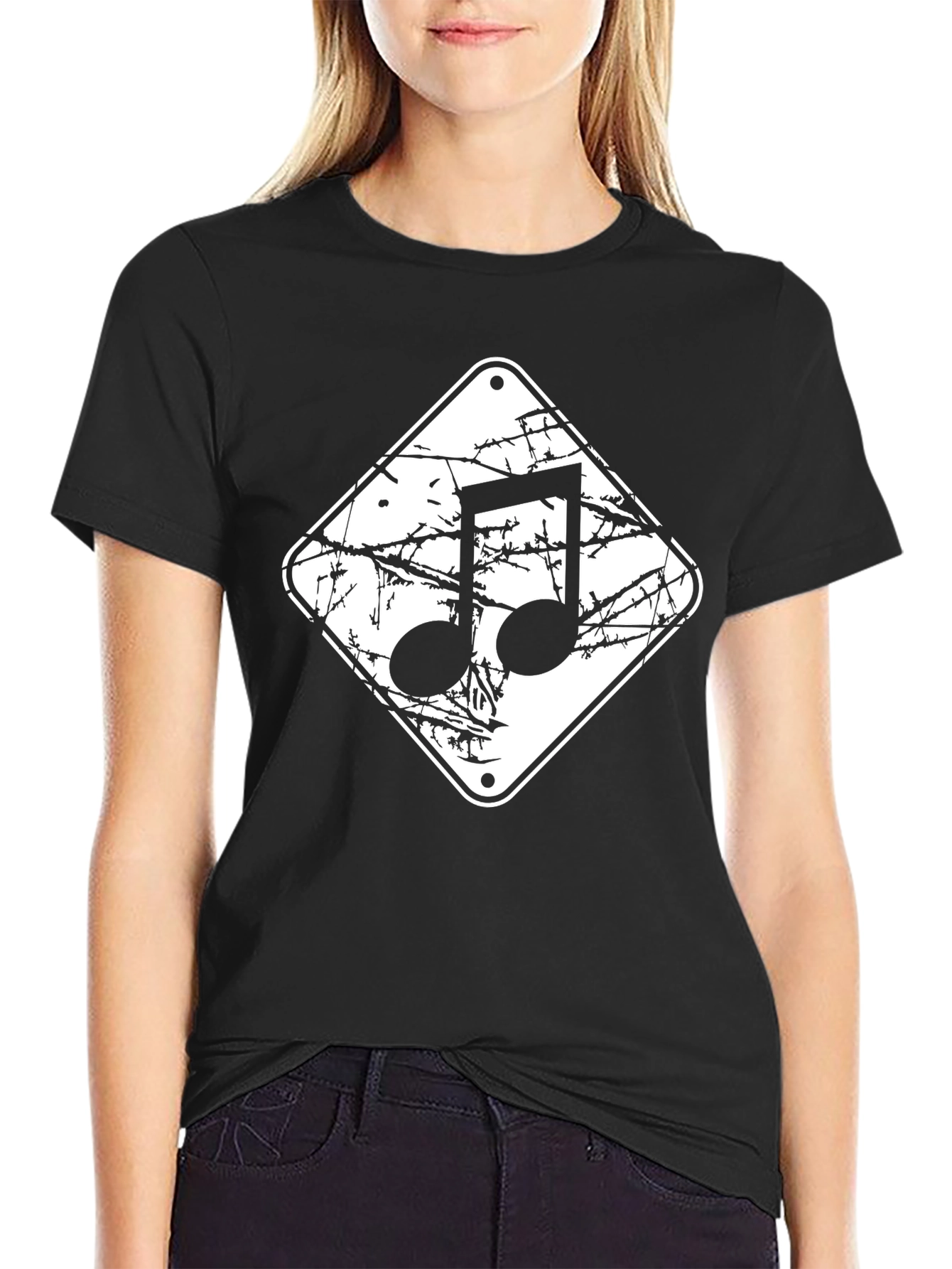 Musical Note Black Graphic Tee - Distressed Style