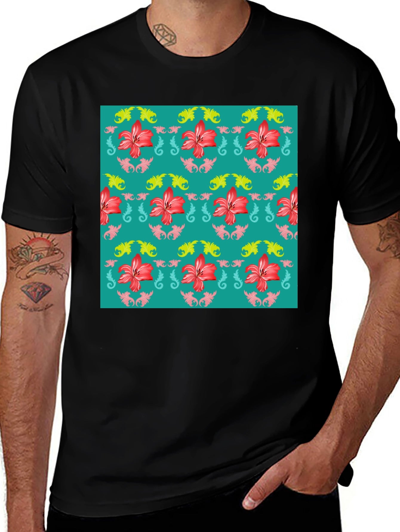 Floral Patterned Mens Black T-Shirt