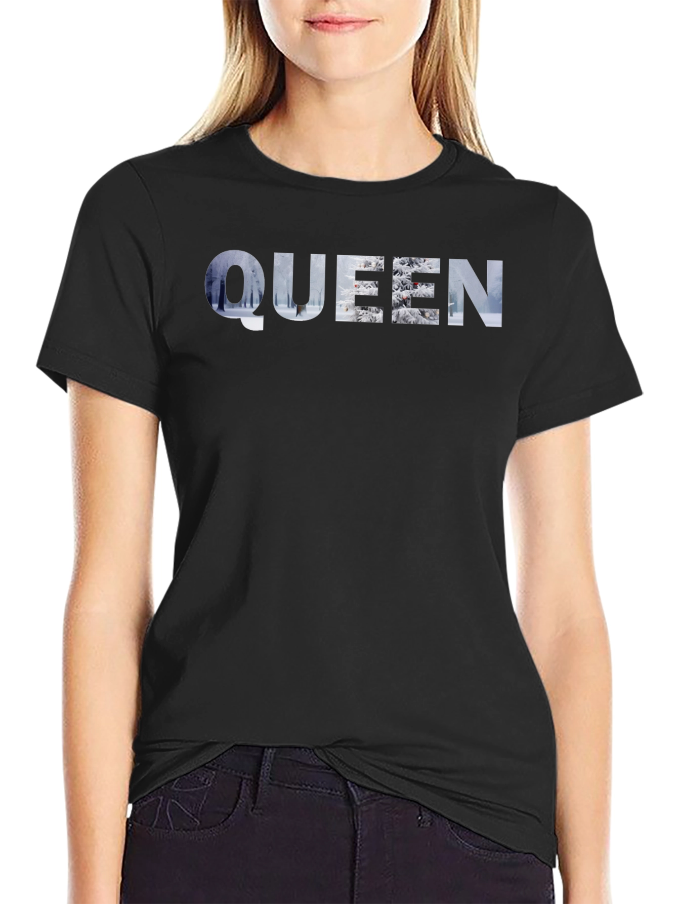 Queen Winter Scene Graphic Black T-Shirt