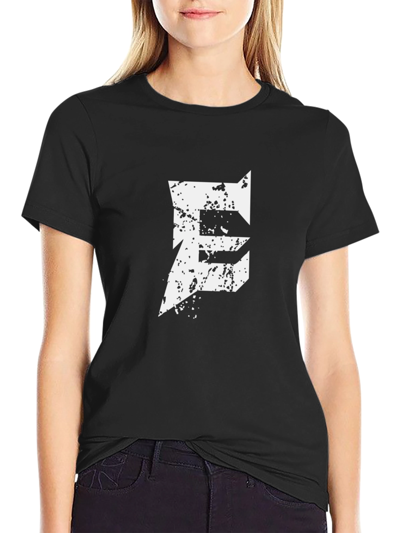 Mens Black T-Shirt with Distressed E Graphic