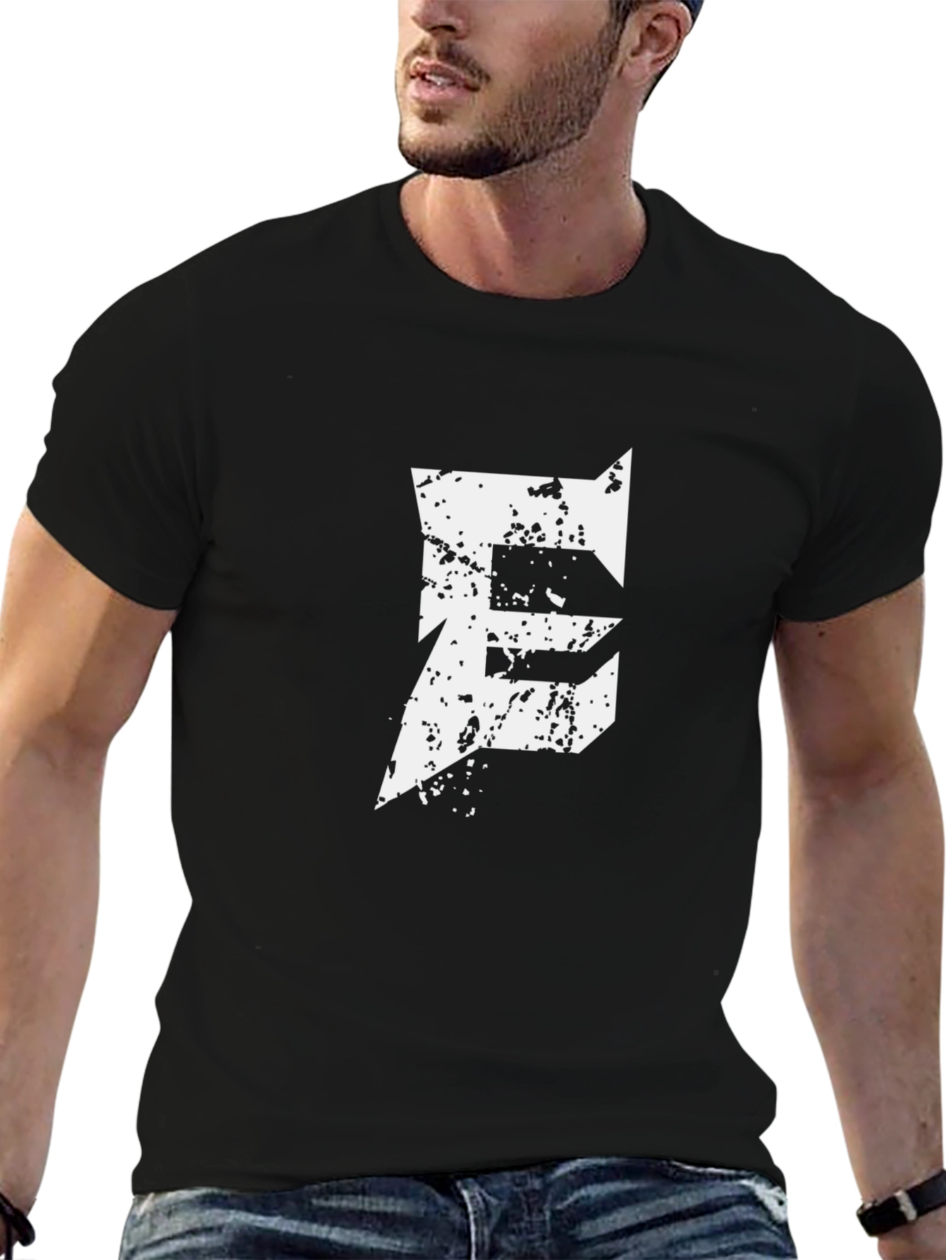 Mens Black T-Shirt with Distressed E Graphic