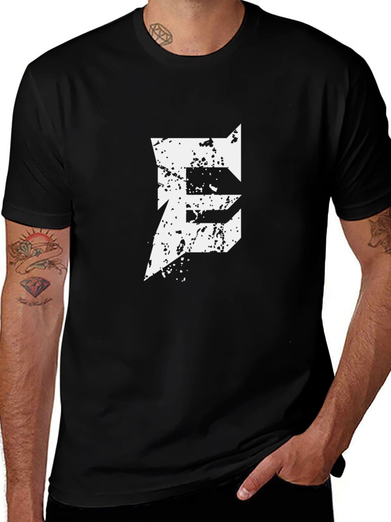Mens Black T-Shirt with Distressed E Graphic