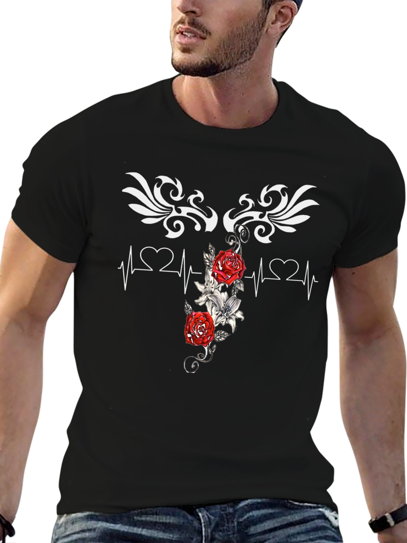 Heartbeat Rose Tattoo Graphic Black T-Shirt
