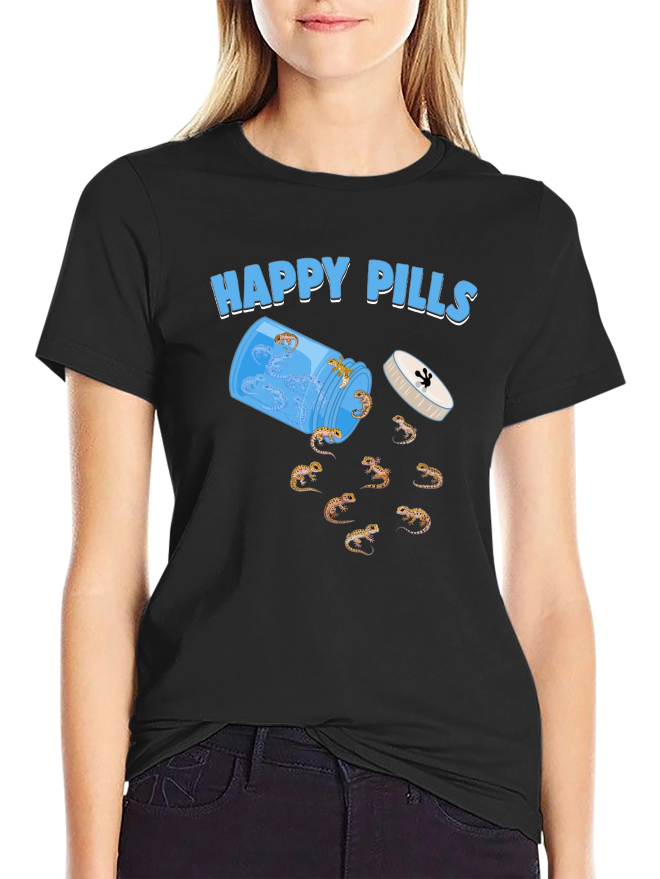 Happy Pills Gecko T-Shirt Black Cotton Crew Neck