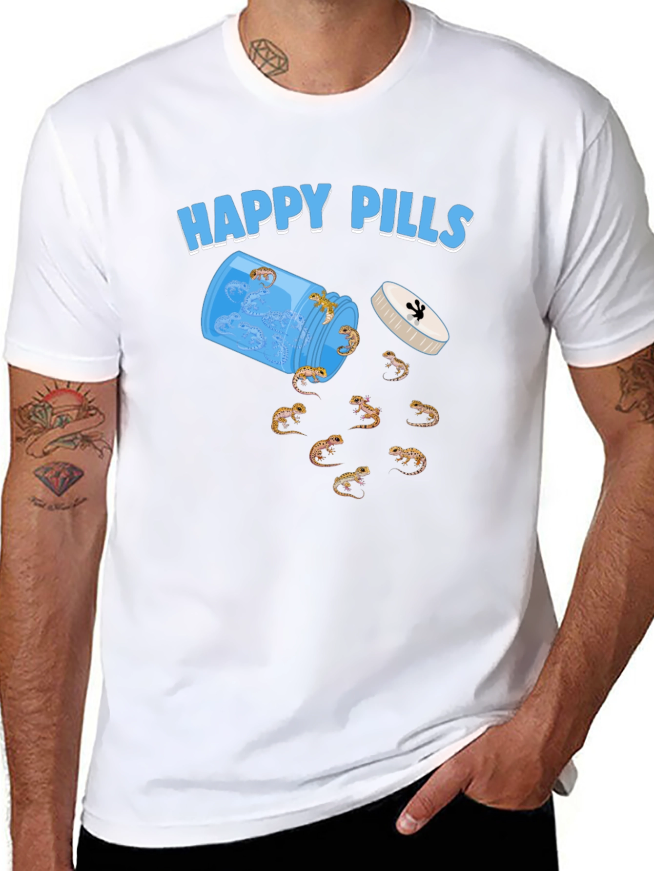 Happy Pills Gecko T-Shirt Black Cotton Crew Neck