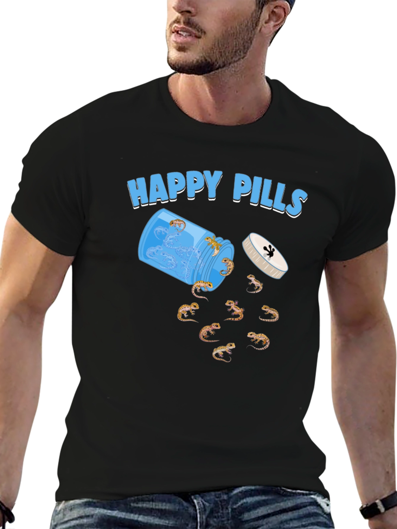Happy Pills Gecko T-Shirt Black Cotton Crew Neck