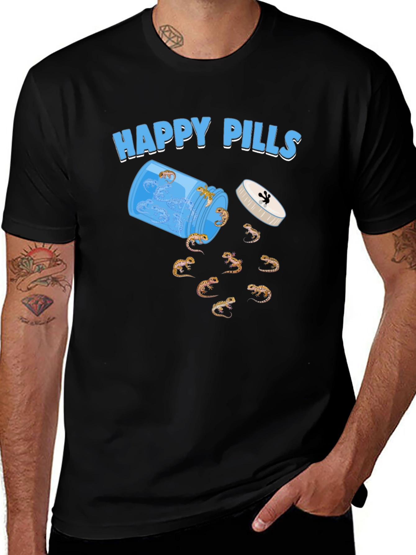 Happy Pills Gecko T-Shirt Black Cotton Crew Neck