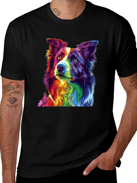 Rainbow Border Collie Graphic Tee - Mens Black T-Shirt