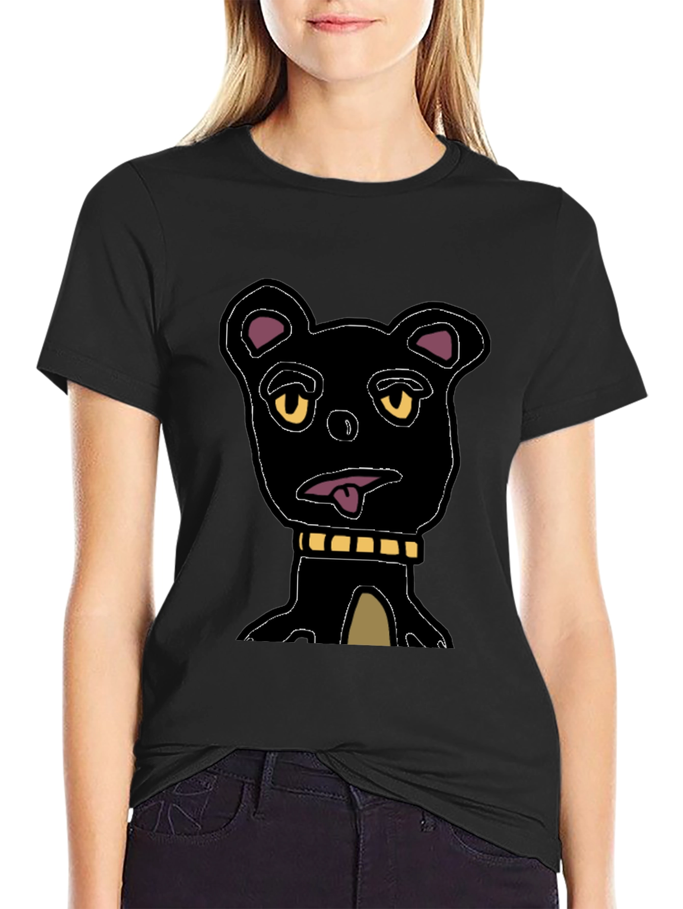 Cartoon Bear Graphic Tee - Black