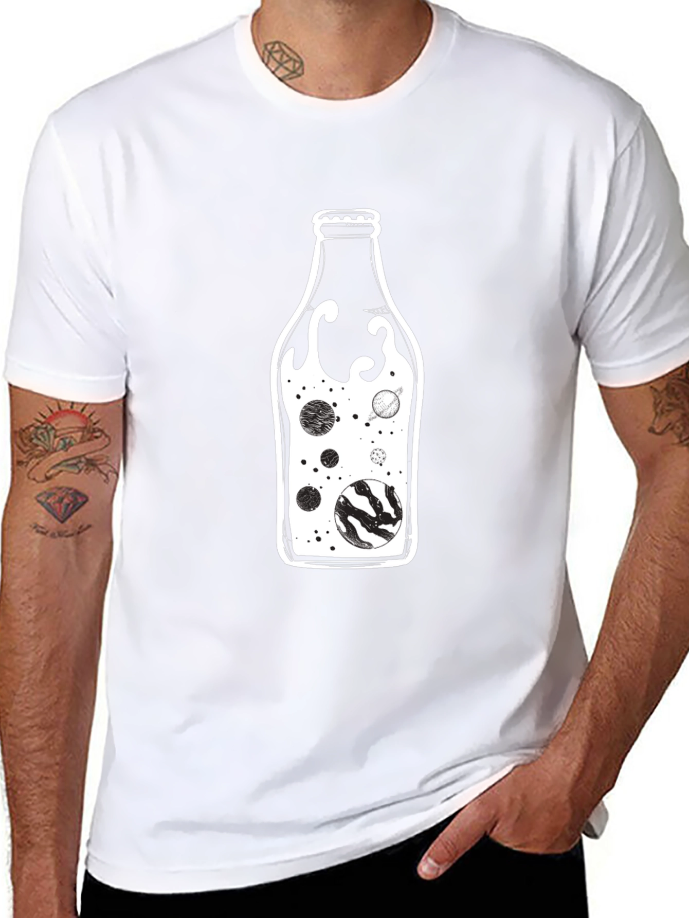 Cosmic Bottle Black Graphic Tee - Unique Universe Design