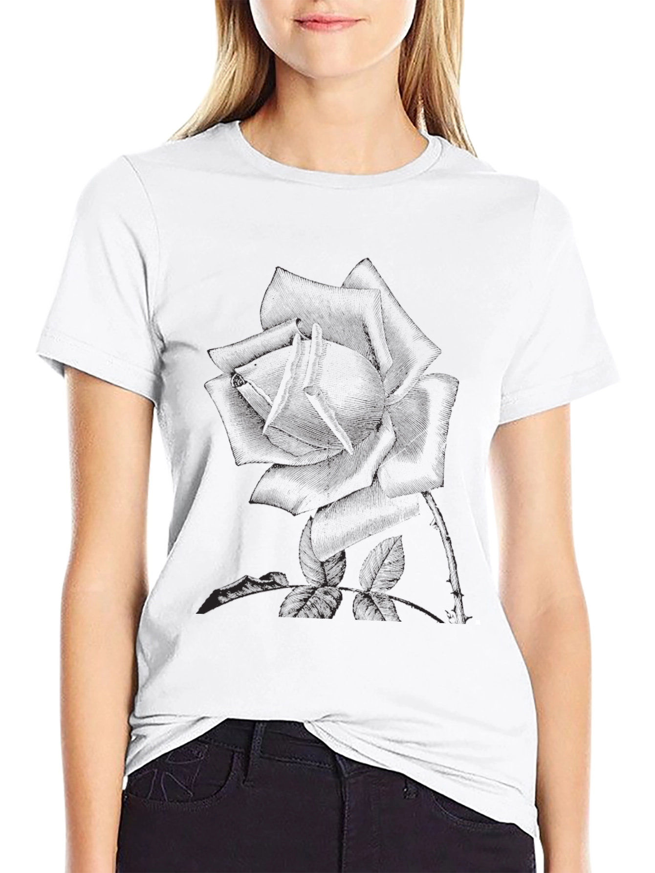 Black T-Shirt with Rose Print