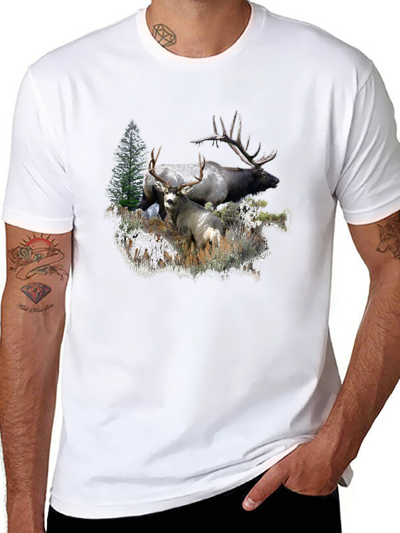 Wildlife Graphic Tee: Deer & Elk Forest Scene