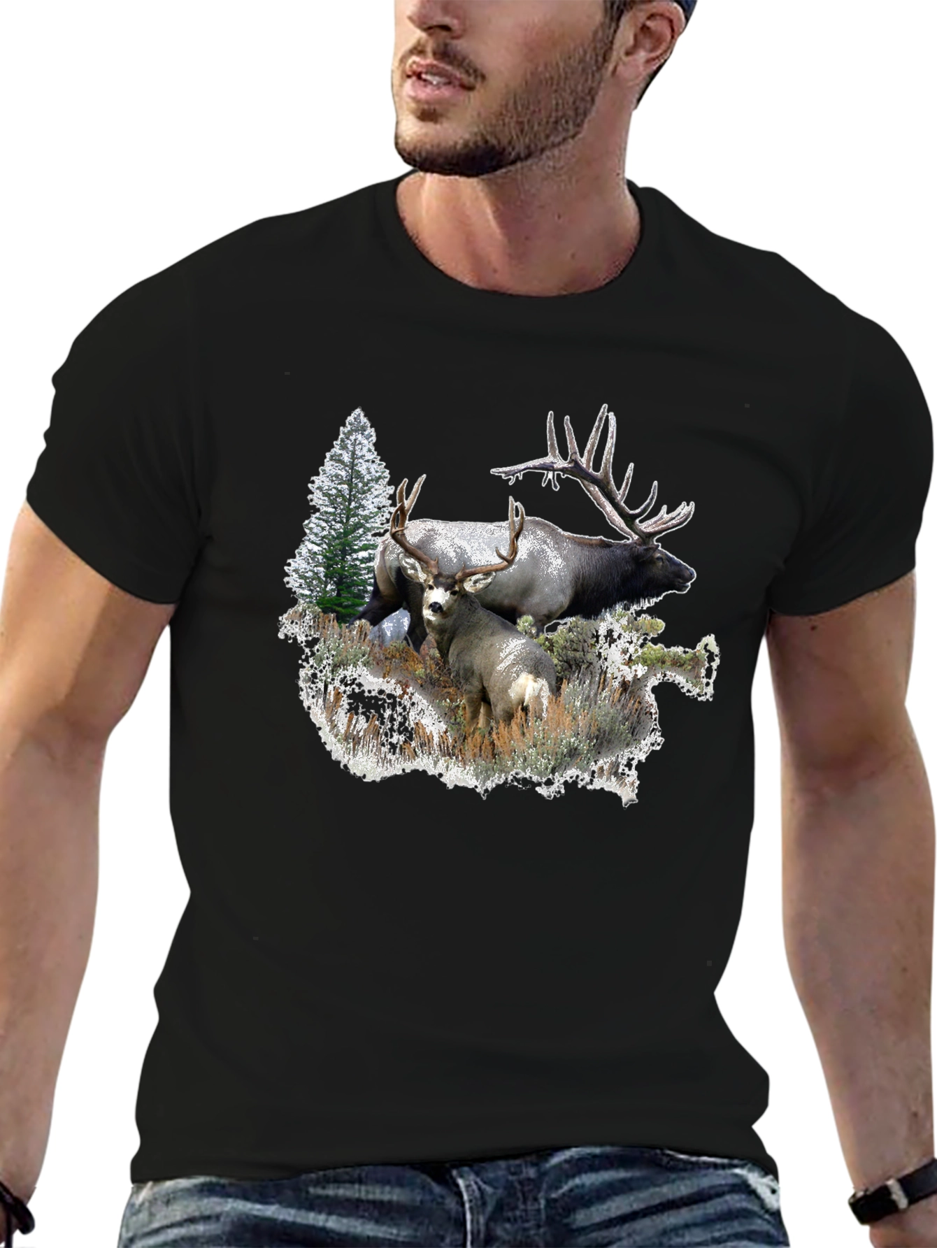 Wildlife Graphic Tee: Deer & Elk Forest Scene