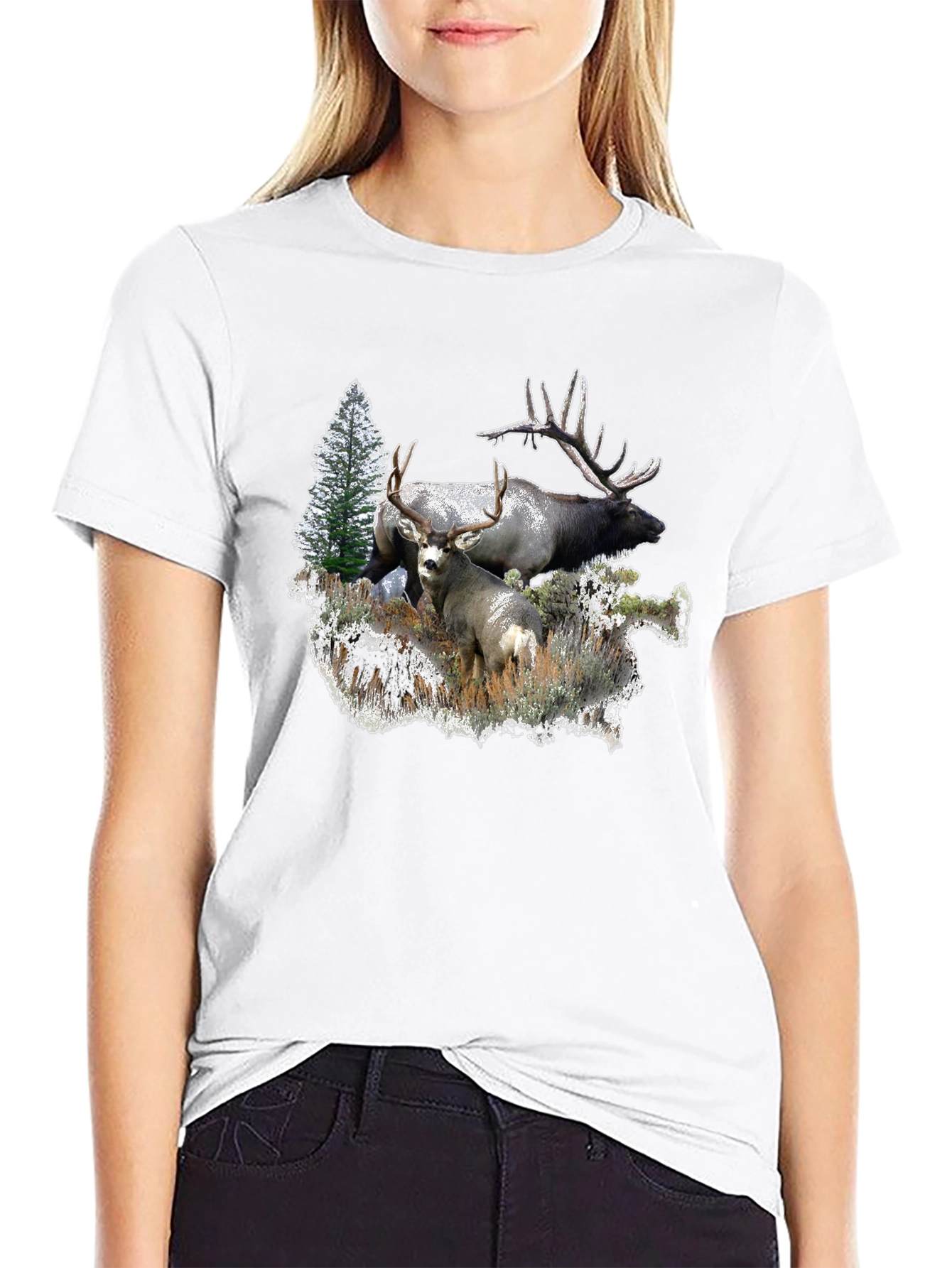 Wildlife Graphic Tee: Deer & Elk Forest Scene