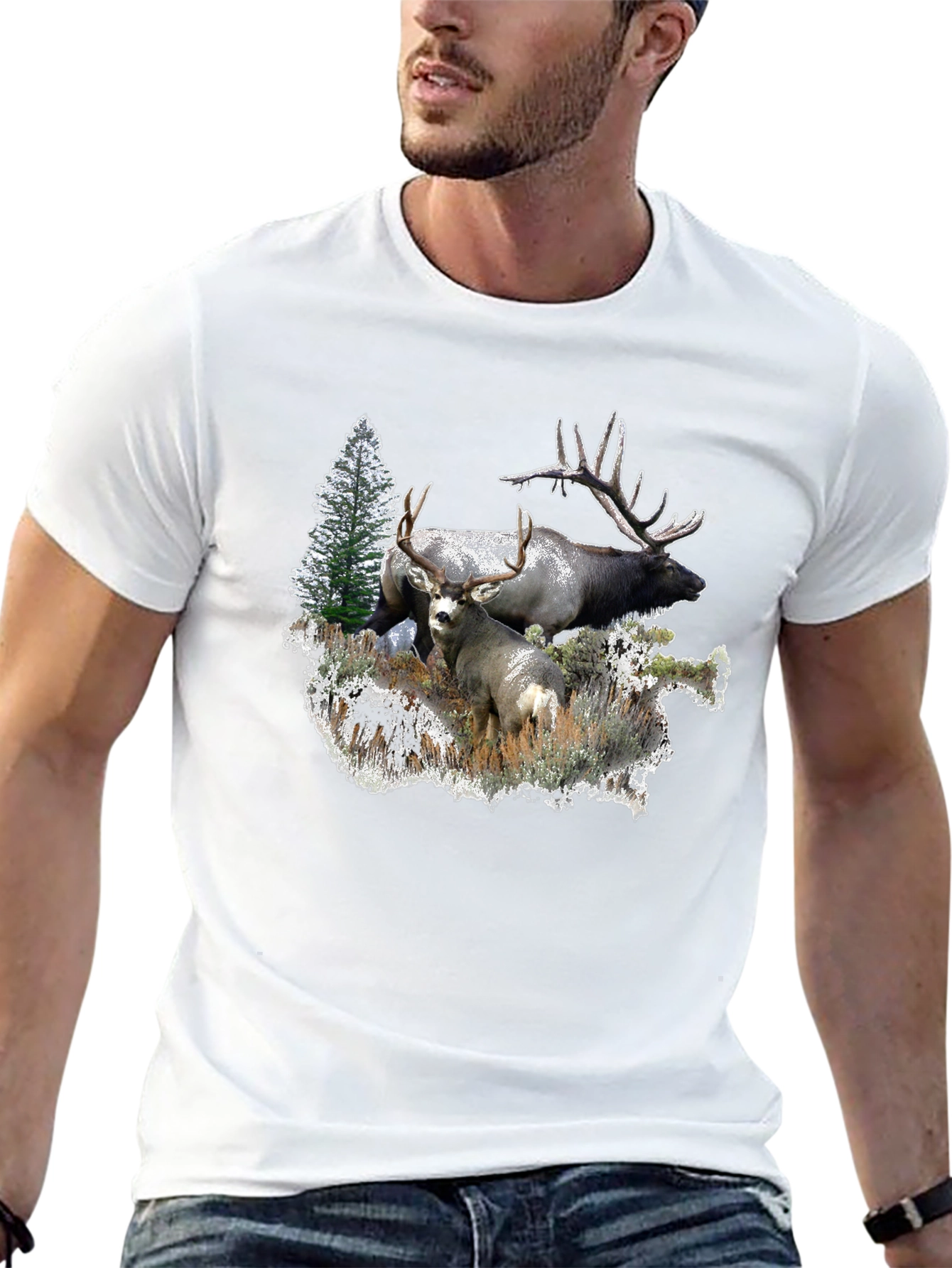 Wildlife Graphic Tee: Deer & Elk Forest Scene