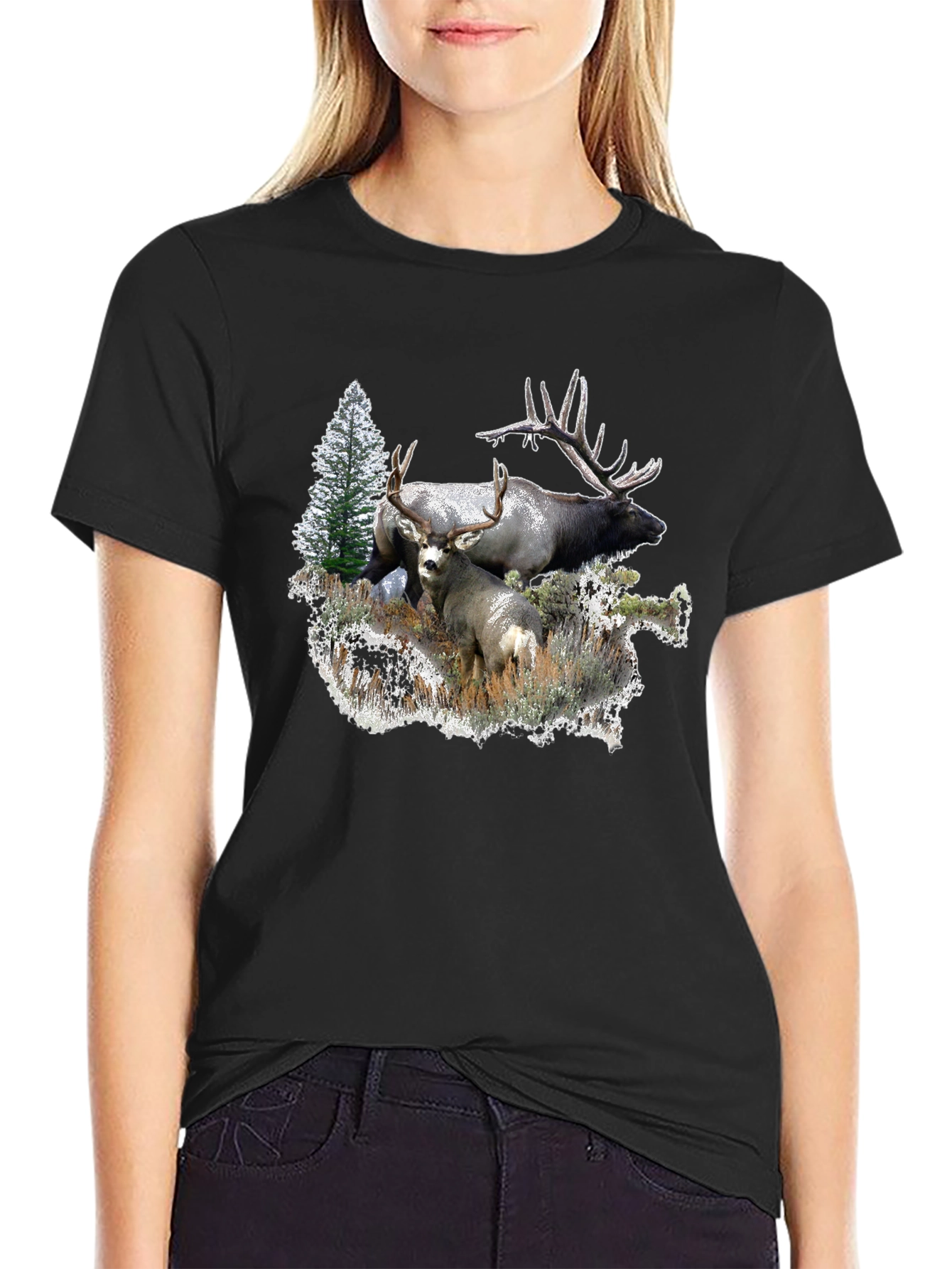 Wildlife Graphic Tee: Deer & Elk Forest Scene