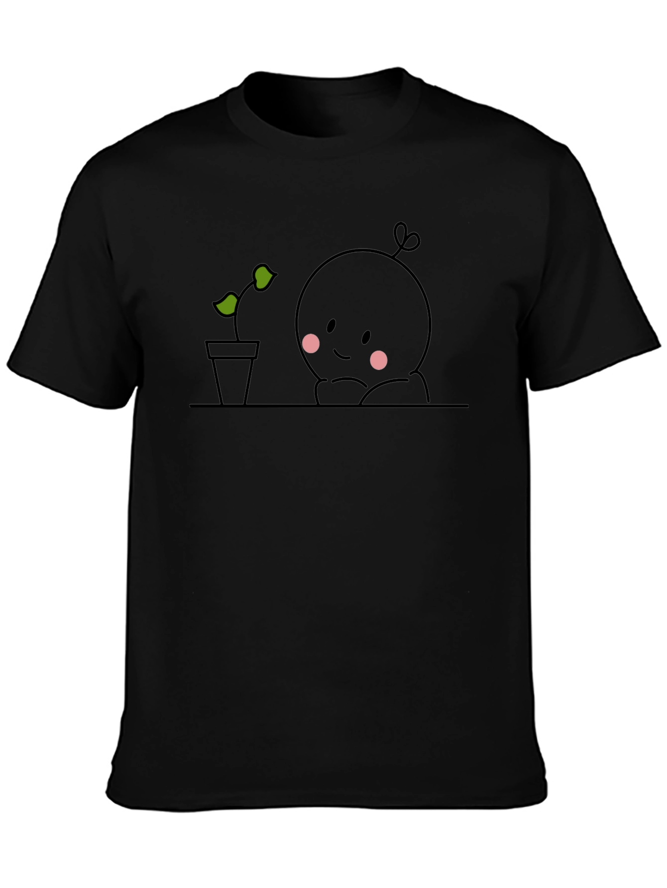 Cute Plant Observer Graphic Tee - Black Cotton T-Shirt