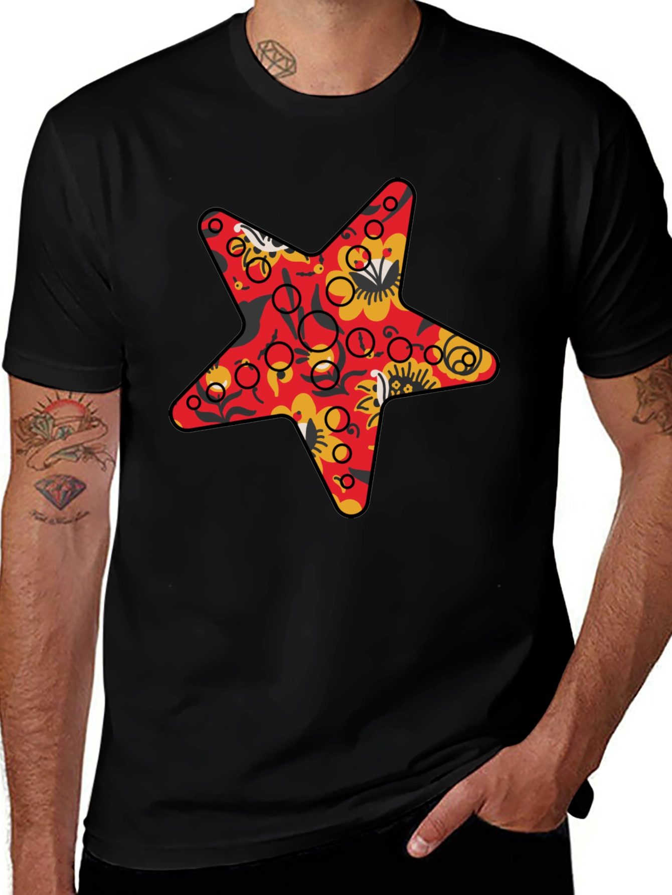 Star Print Black Crew Neck T-Shirt