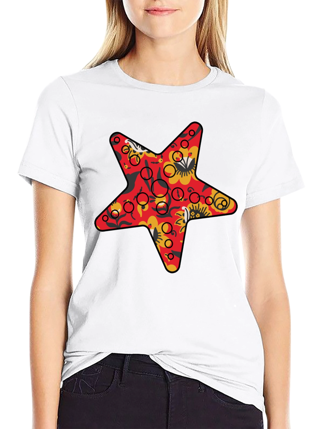 Star Print Black Crew Neck T-Shirt