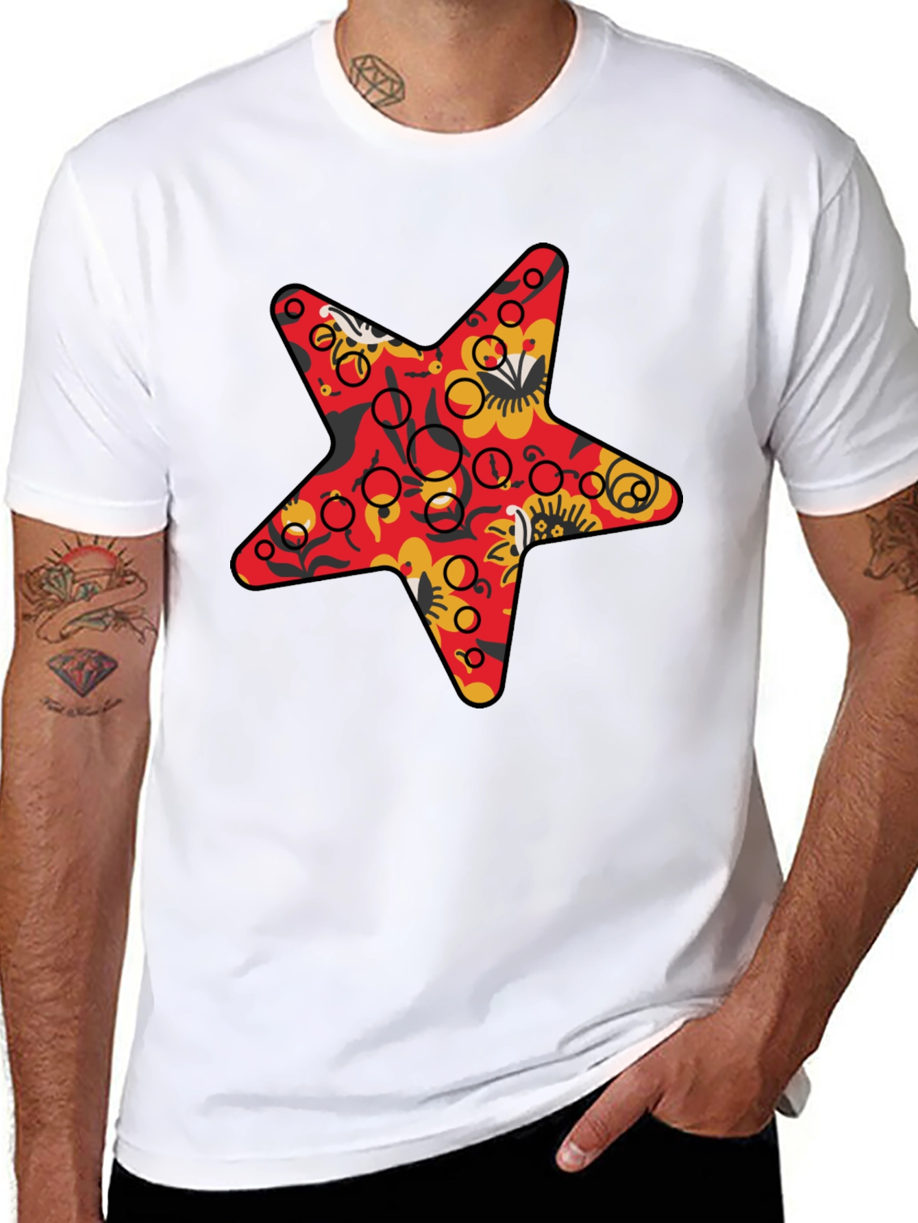 Star Print Black Crew Neck T-Shirt