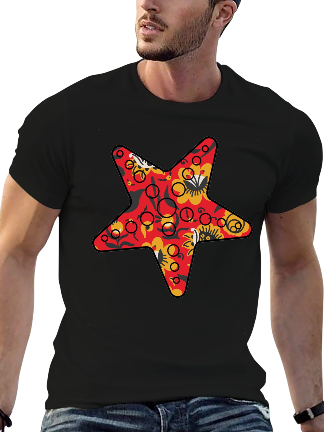 Star Print Black Crew Neck T-Shirt