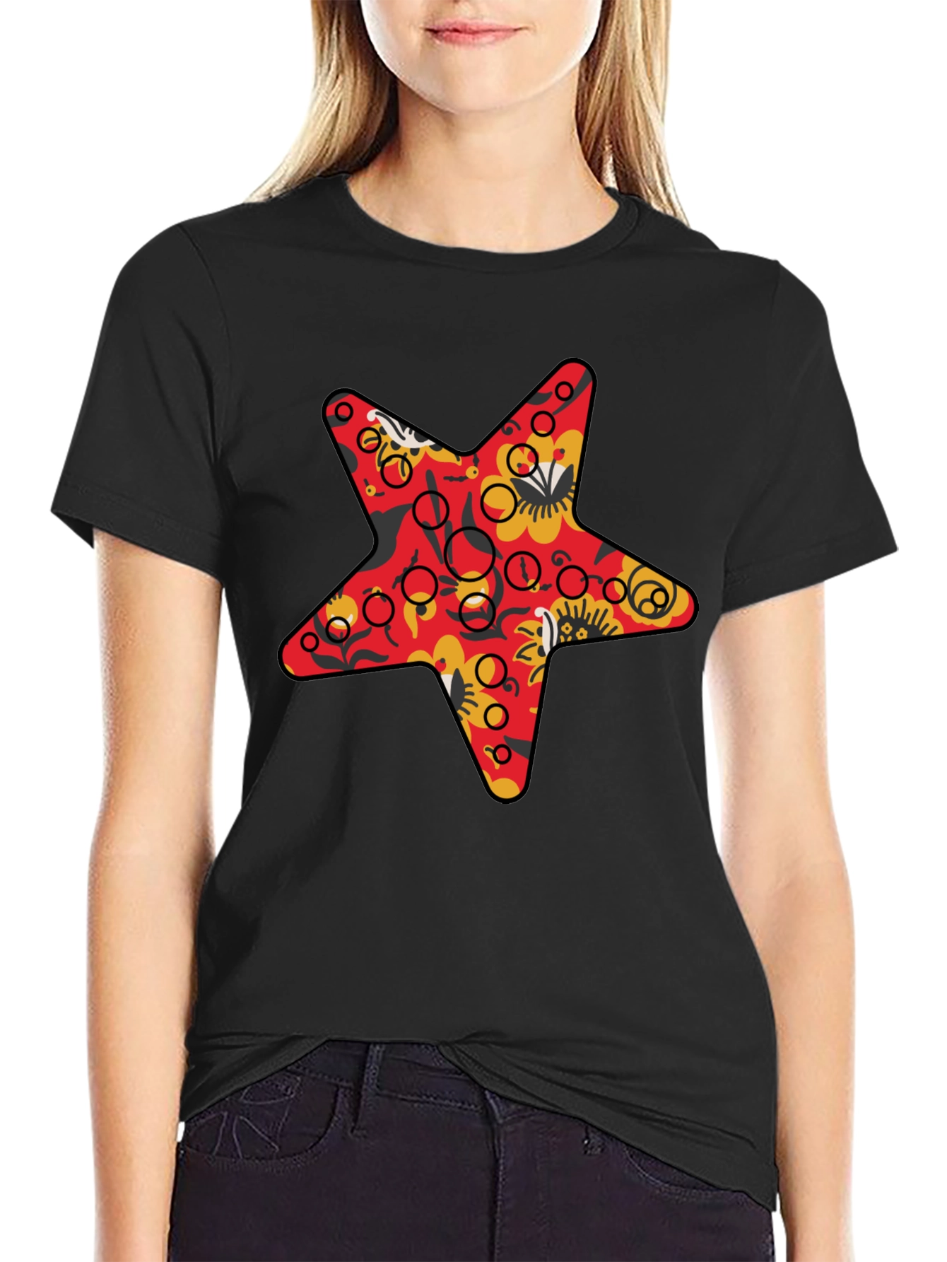 Star Print Black Crew Neck T-Shirt