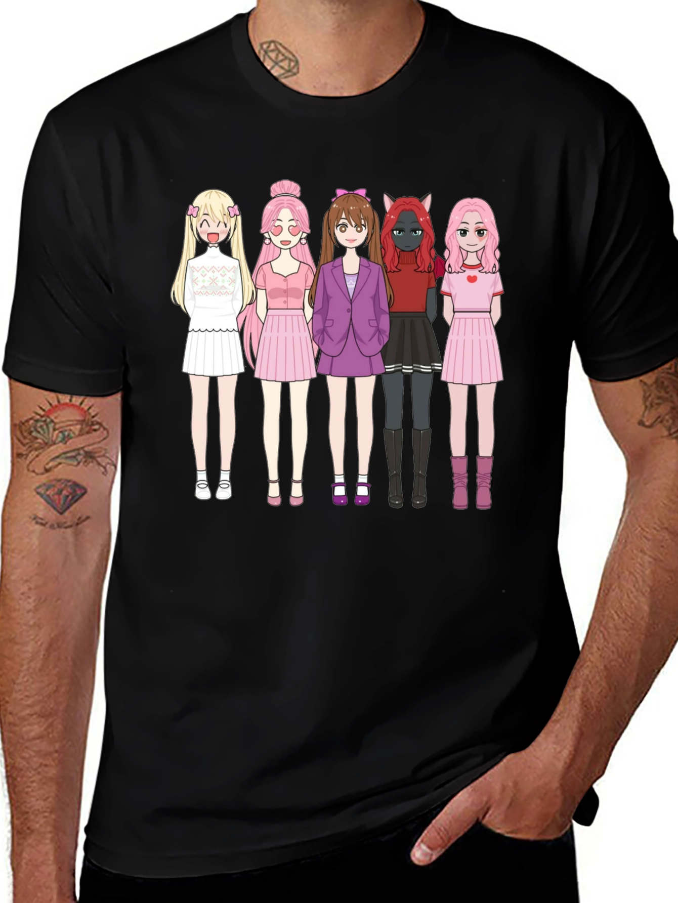 Anime Girl Group Graphic Black Cotton T-Shirt