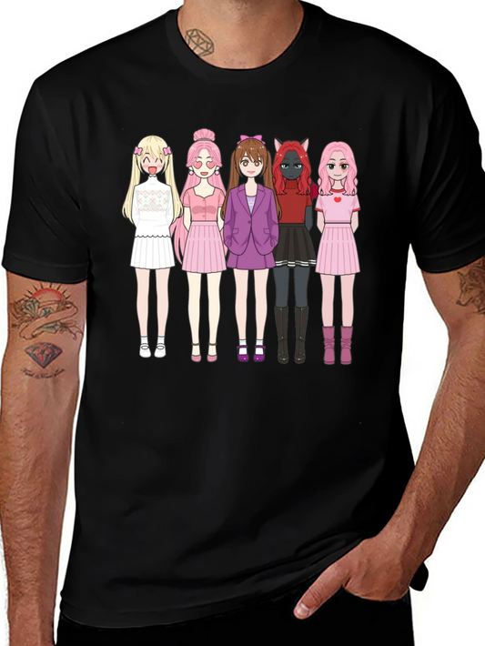 Anime Girl Group Graphic Black Cotton T-Shirt