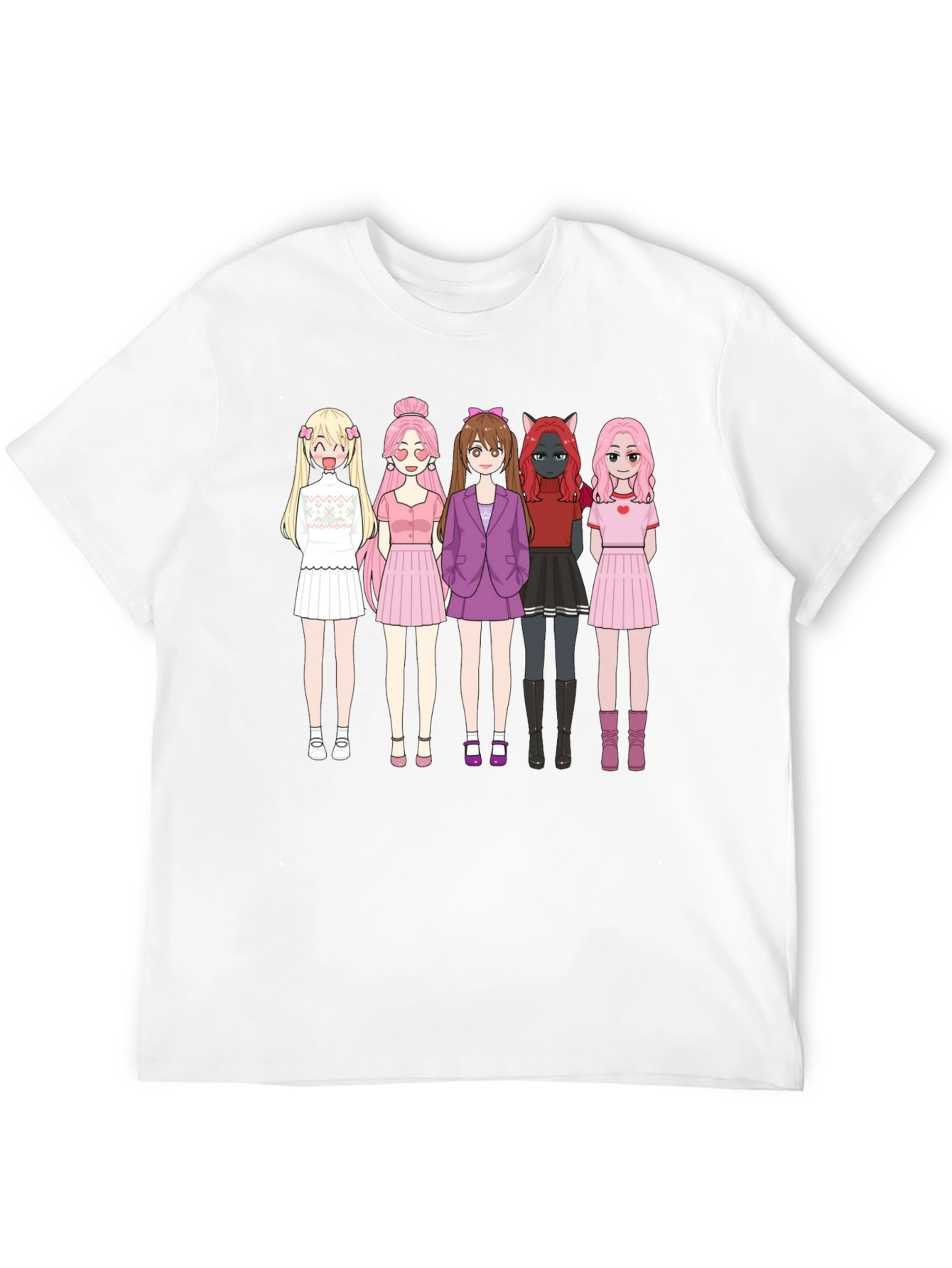 Anime Girl Group Graphic Black Cotton T-Shirt