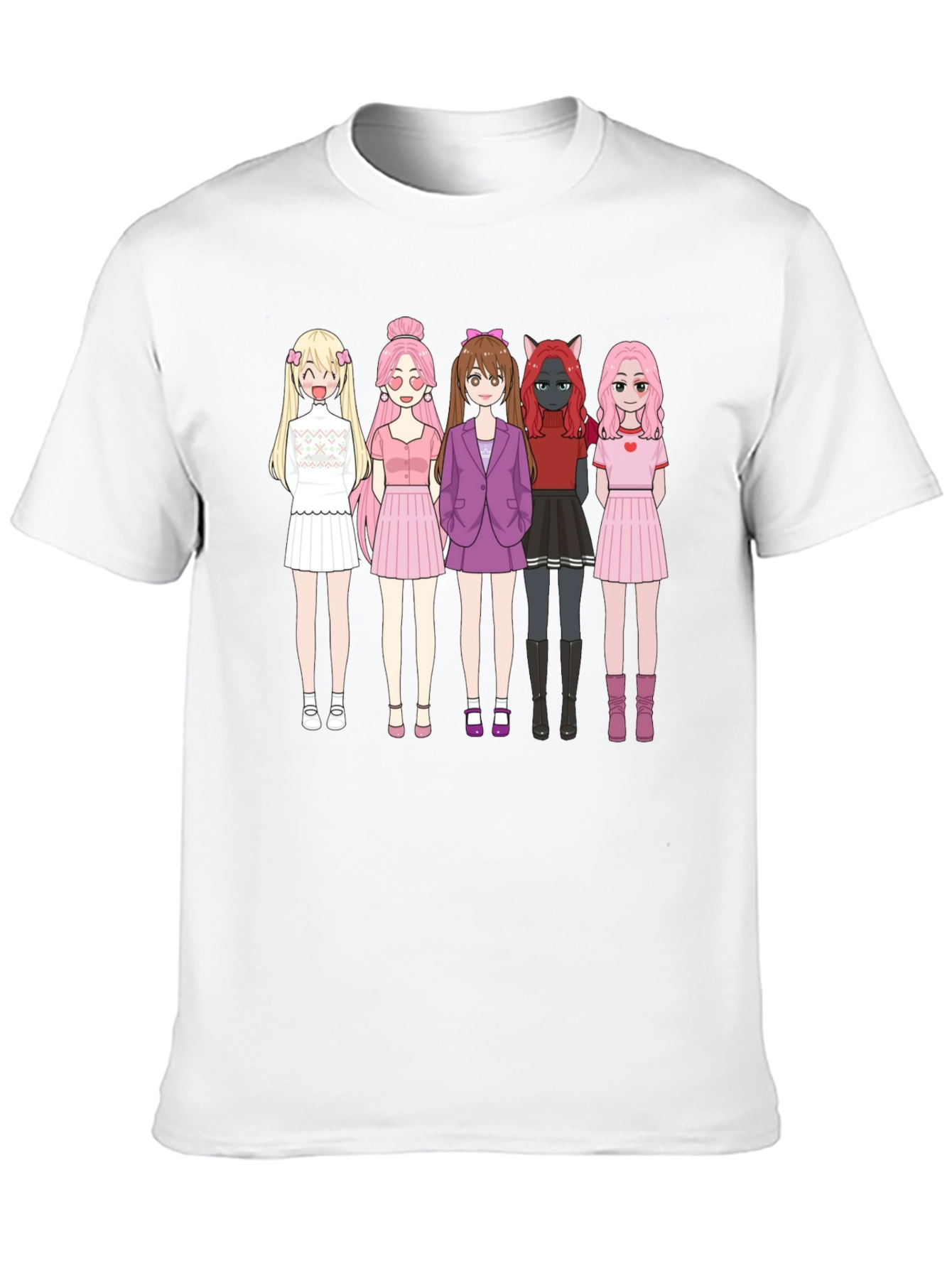 Anime Girl Group Graphic Black Cotton T-Shirt