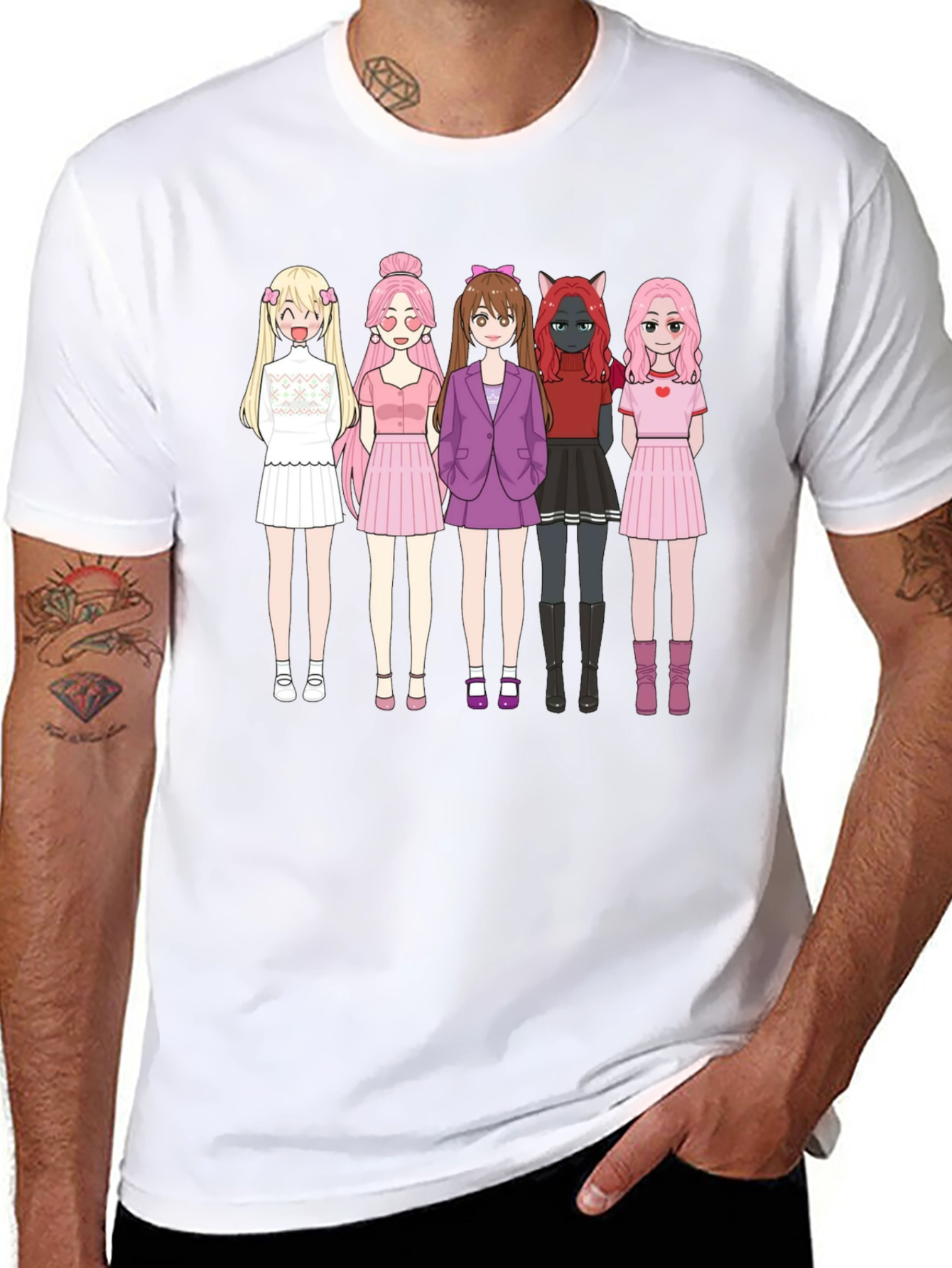 Anime Girl Group Graphic Black Cotton T-Shirt