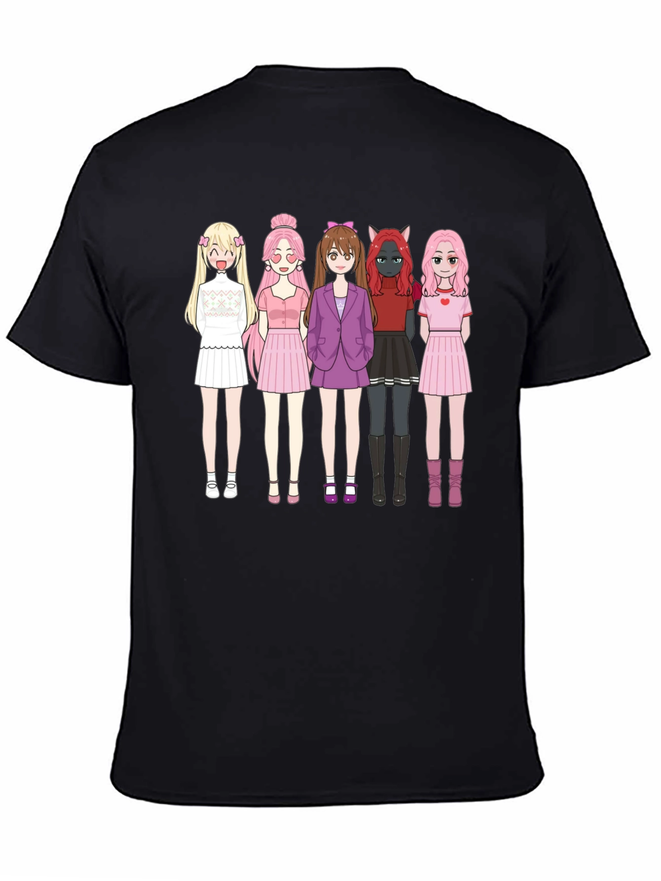 Anime Girl Group Graphic Black Cotton T-Shirt