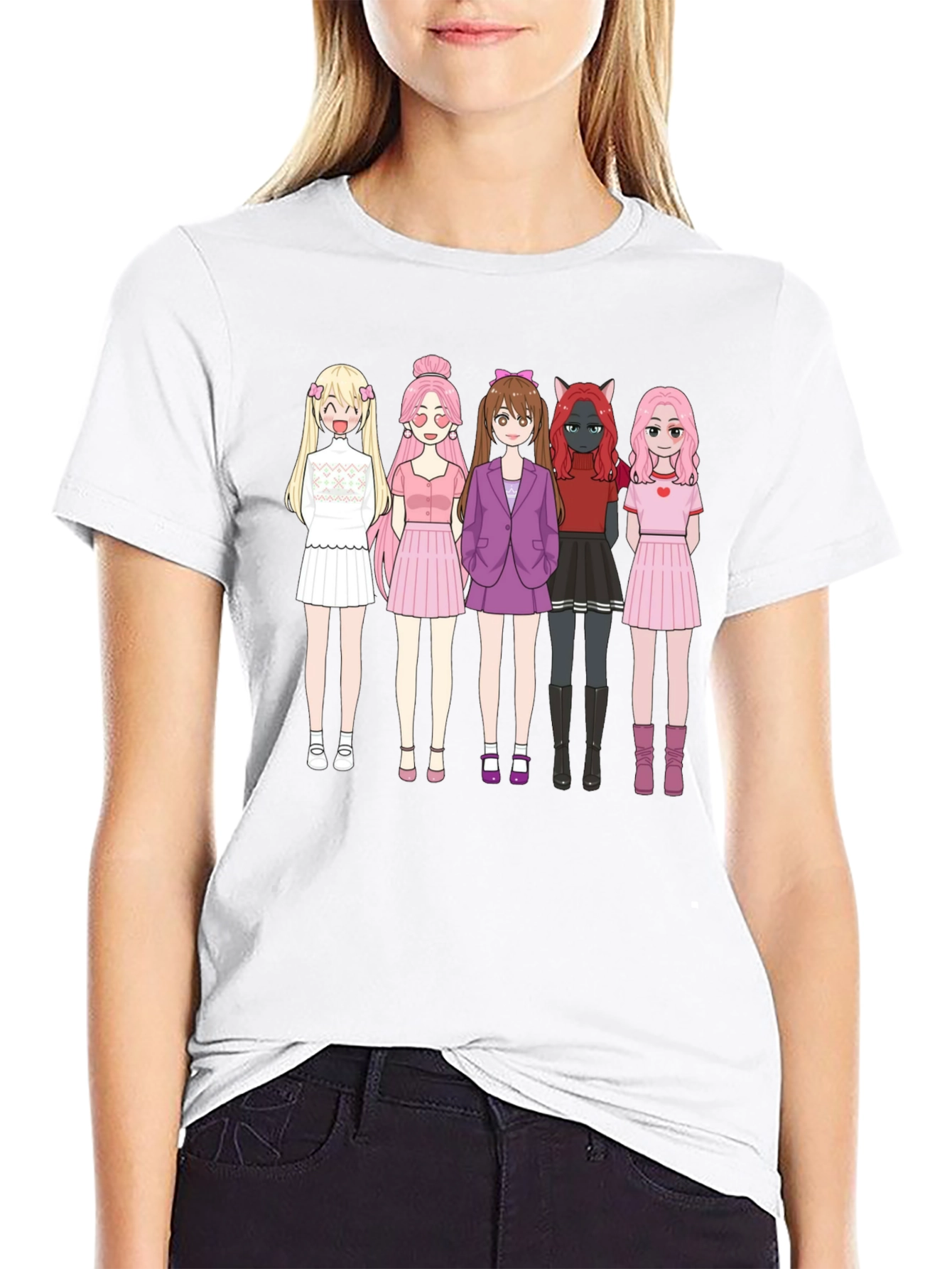 Anime Girl Group Graphic Black Cotton T-Shirt