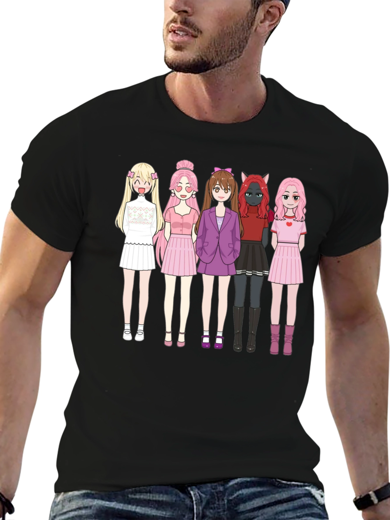 Anime Girl Group Graphic Black Cotton T-Shirt