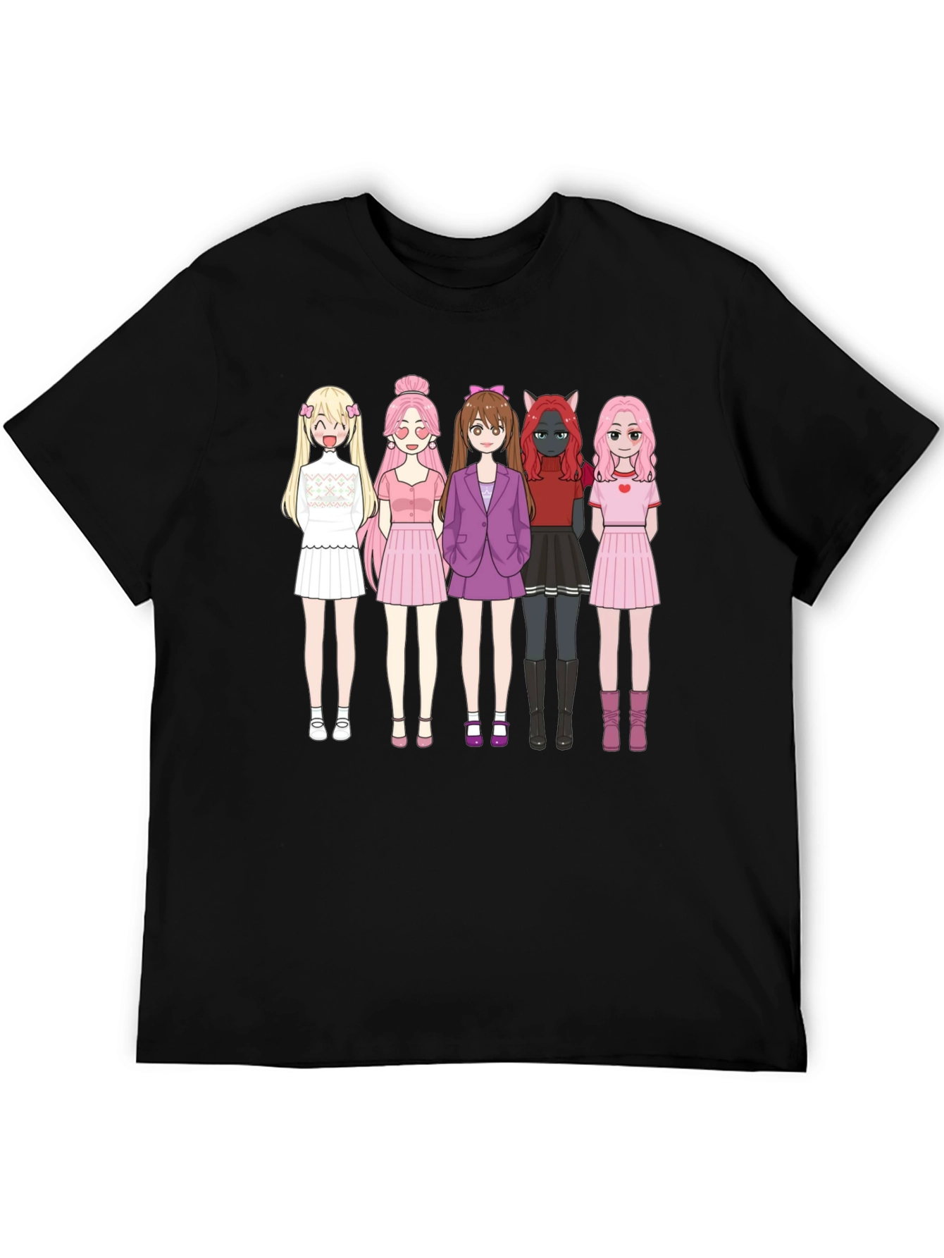 Anime Girl Group Graphic Black Cotton T-Shirt