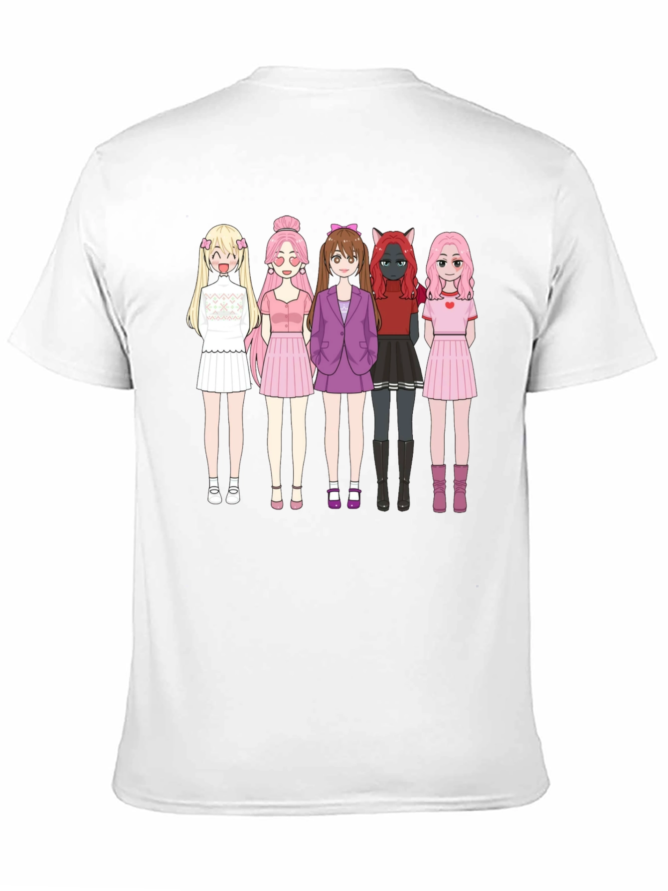Anime Girl Group Graphic Black Cotton T-Shirt