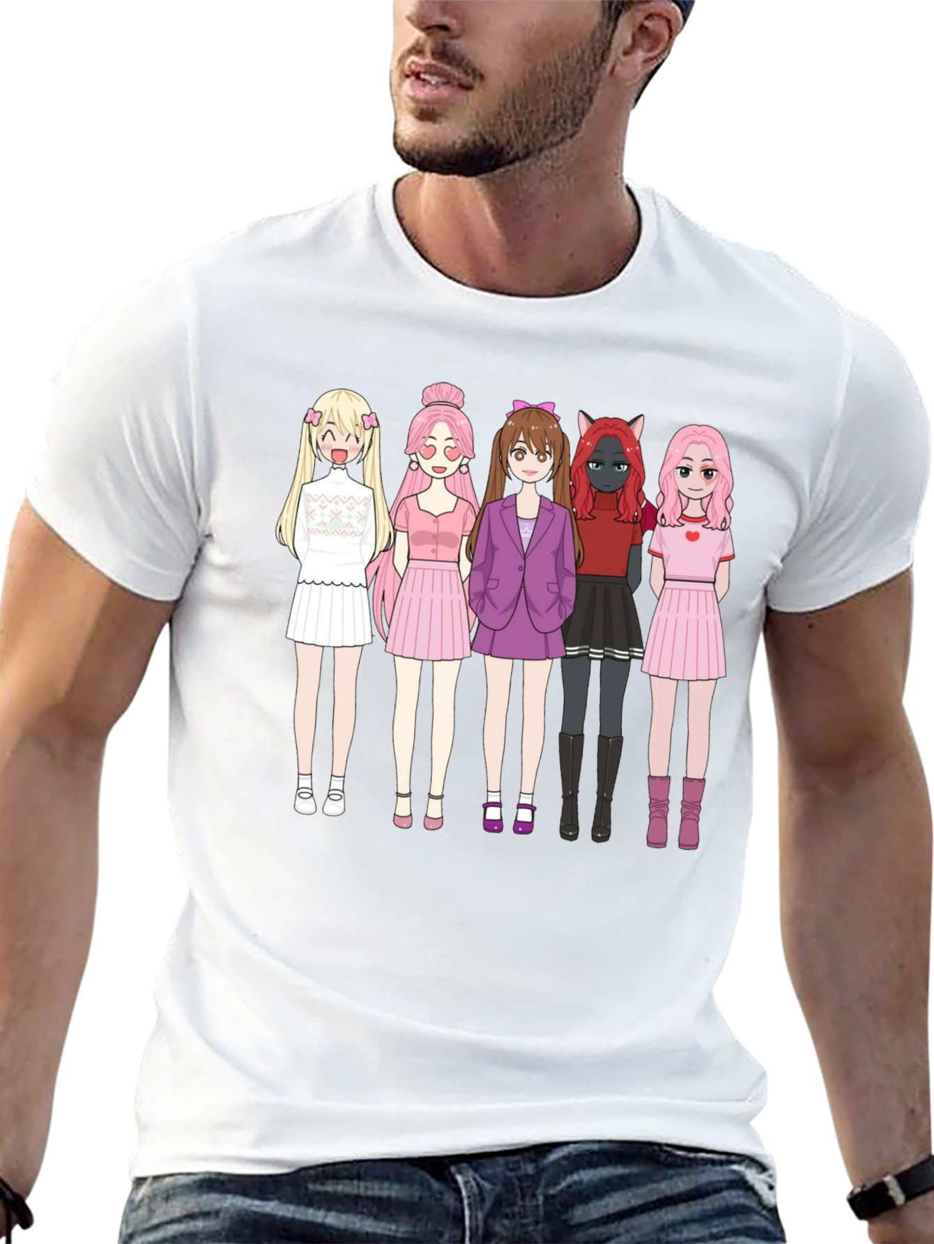 Anime Girl Group Graphic Black Cotton T-Shirt