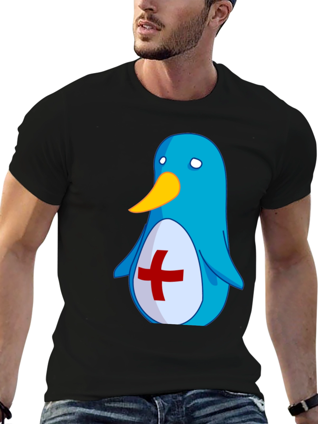 Cute Blue Penguin T-Shirt - Red Cross Design