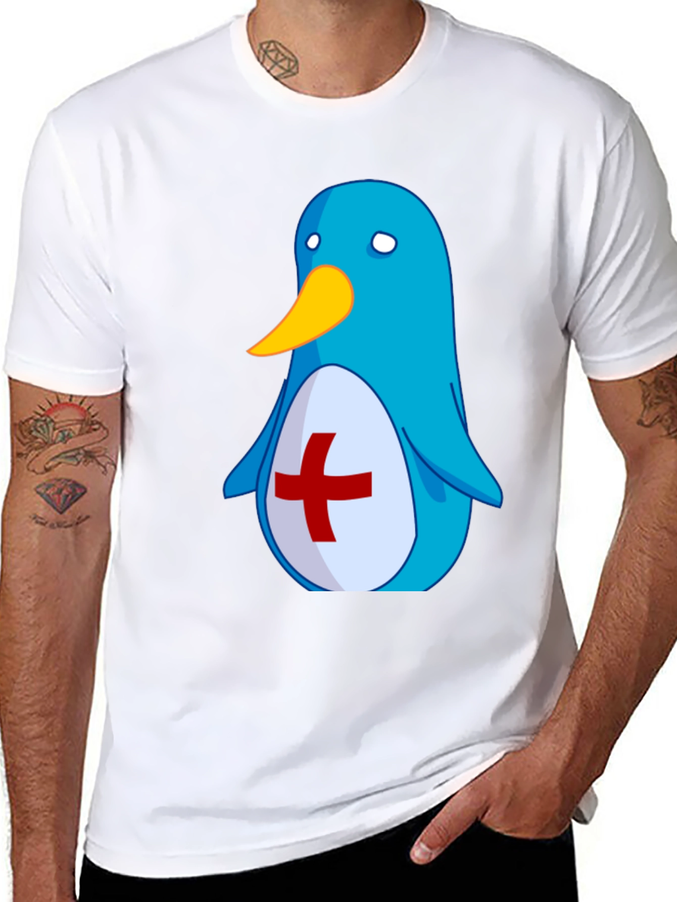 Cute Blue Penguin T-Shirt - Red Cross Design